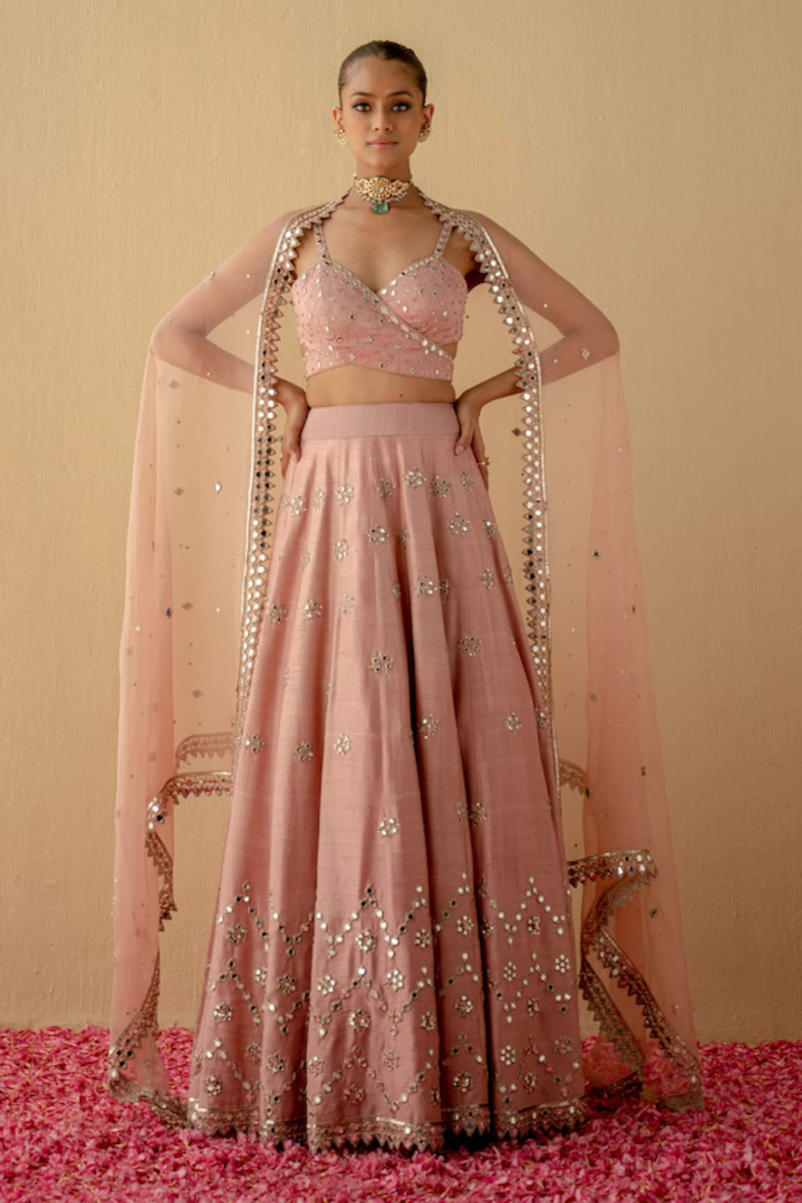 Mint blush Embroidered Blouse Lehenga Set