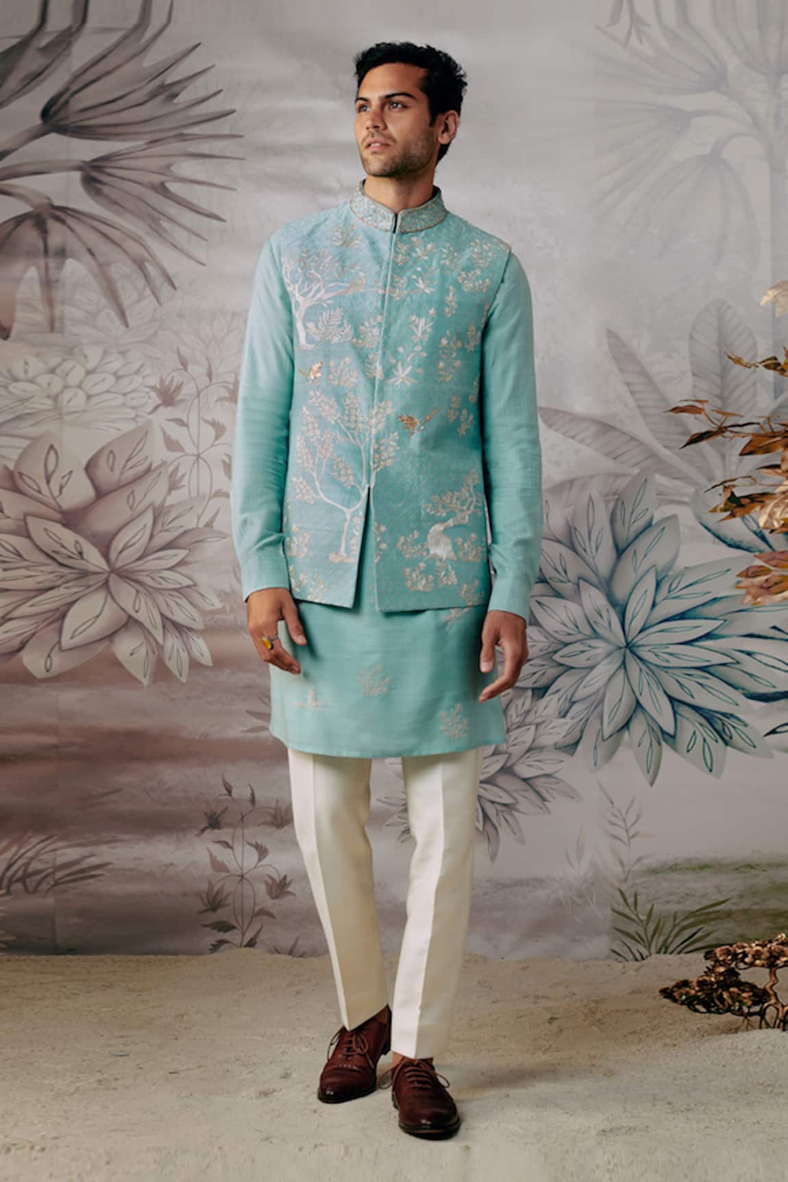 Philocaly Silk Embroidered Bundi with Forest Motifs