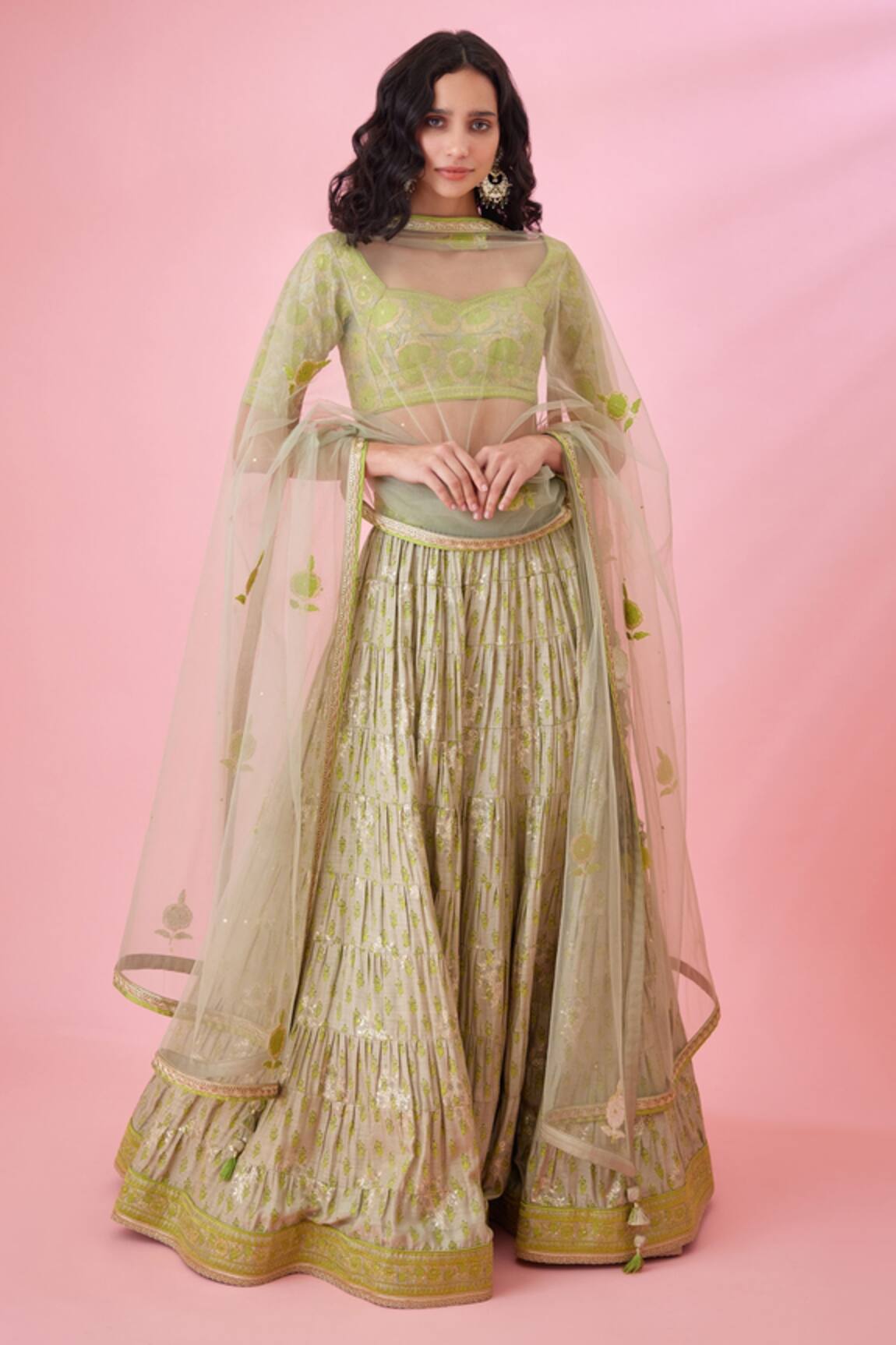 Shyam Narayan Prasad Floral Print Brocade Lehenga Set 