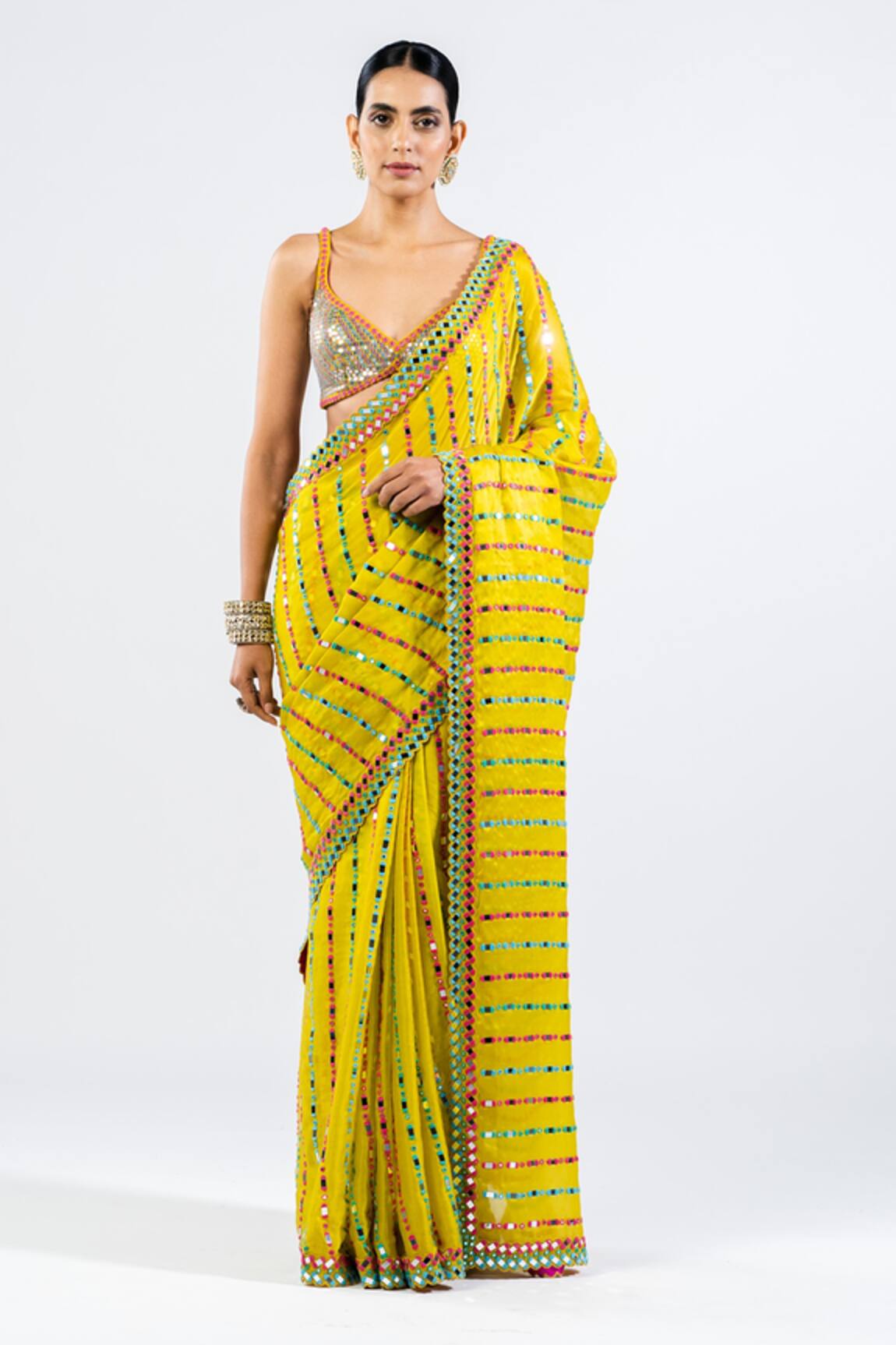 Vvani By Vani Vats Mirror Work Pre-Draped Saree With Metallic Blouse 