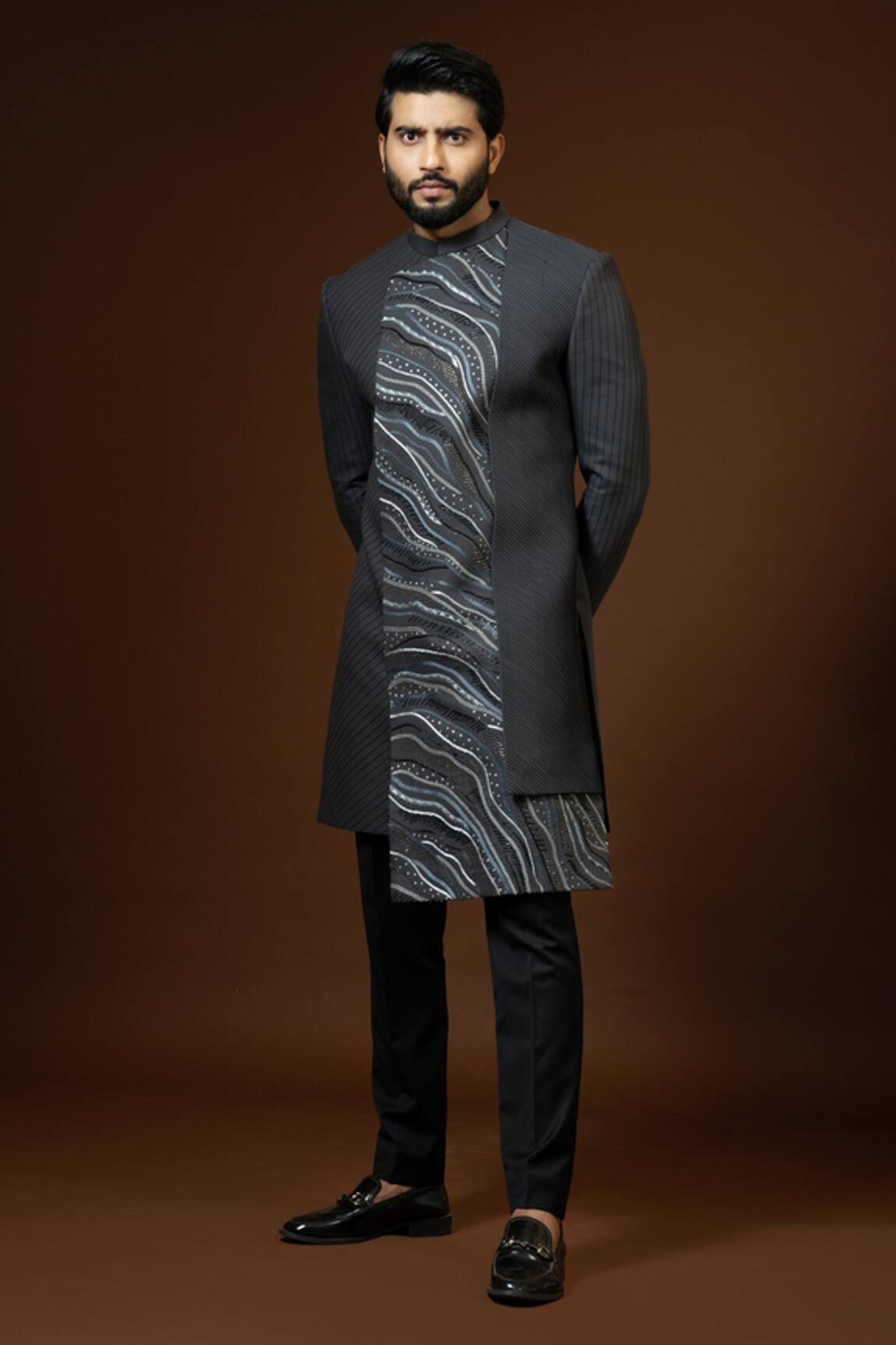 PAARSH Charcoal Grey Pintuck Achkan Trouser Set