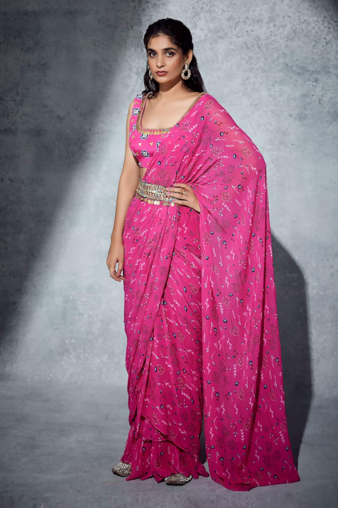 Senren by Eshana Raut Pre-Draped Flower Bloom Print Saree With Blouse