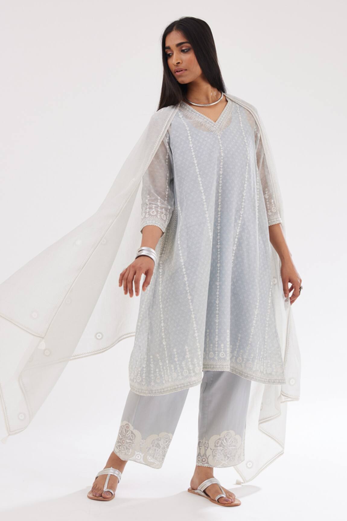 Kora Blue Embroidered Kurta Set With Dupatta