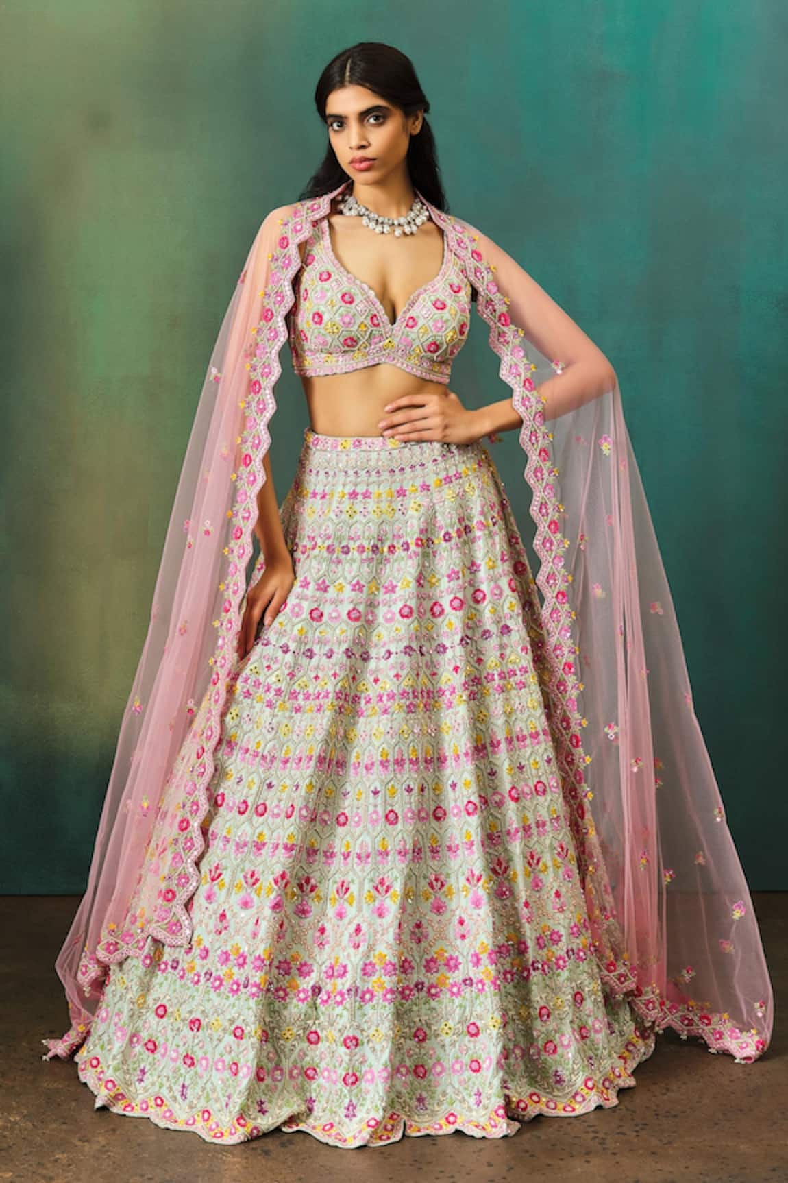 Aneesh Agarwaal Sequin Flower Bloom Embroidered Bridal Lehenga Set