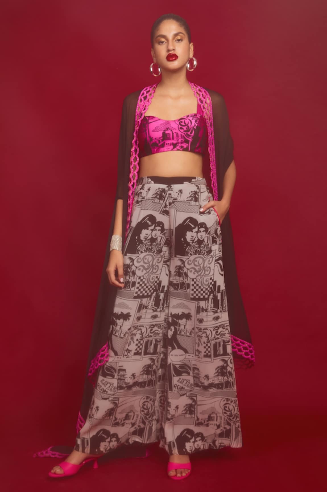 Nandita Thirani Lace Trim Cape & Comic Print Trouser Set