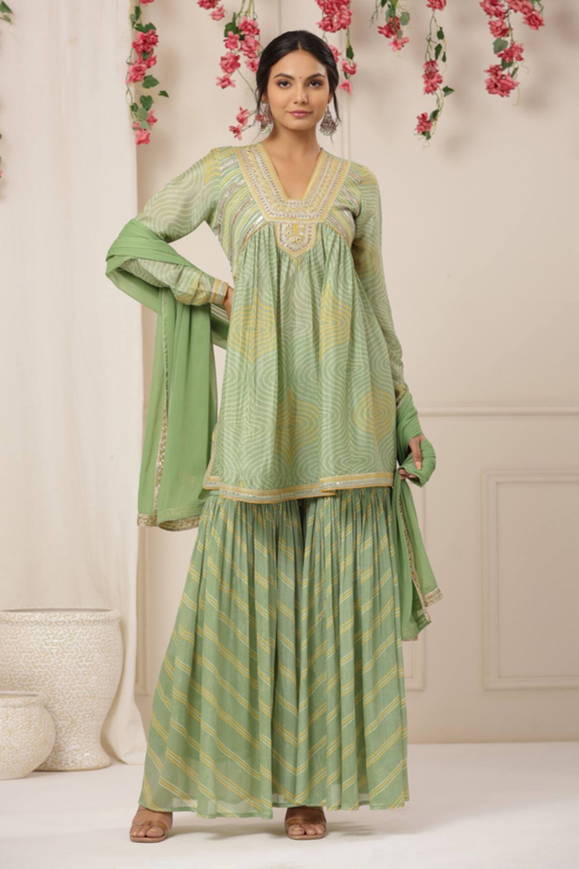 Bairaas Bandhej Pattern Short Anarkali Sharara Set
