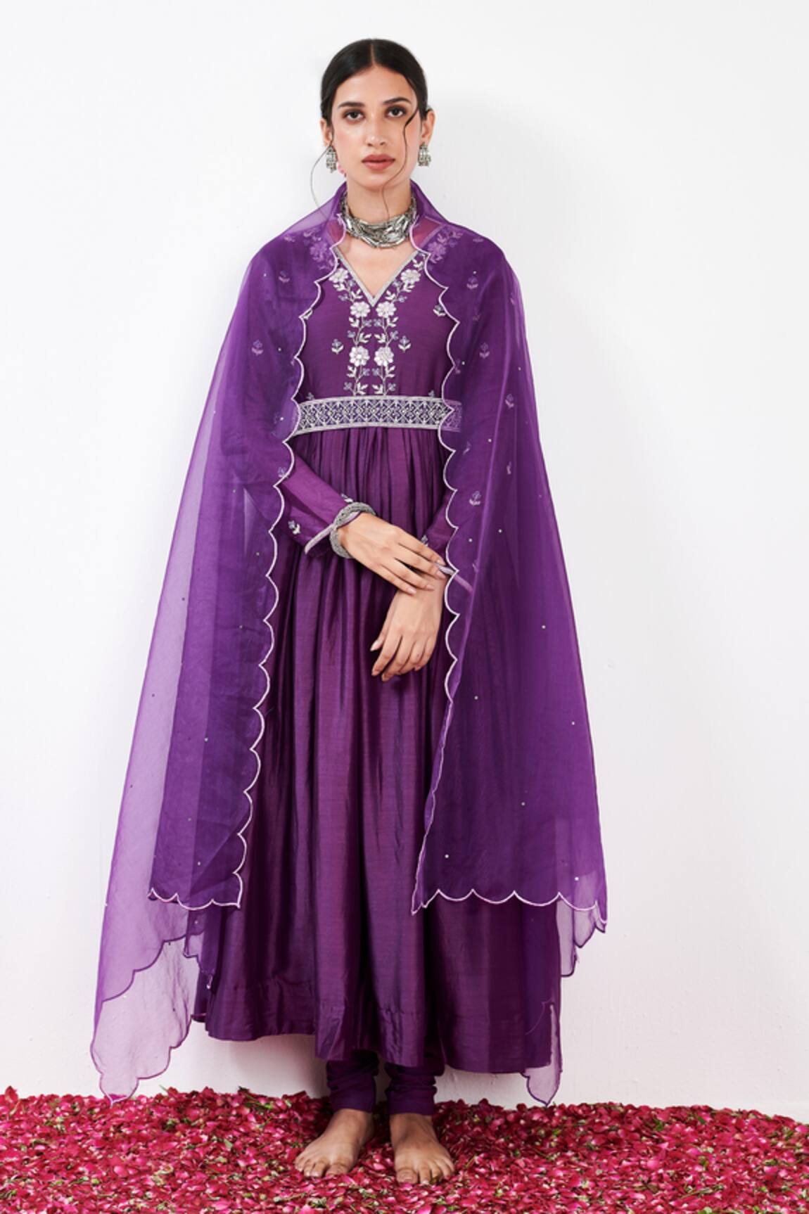 Label Flamingo By Vrinda Cotton Silk Floral Gota Embroidered Anarkali Churidar Set