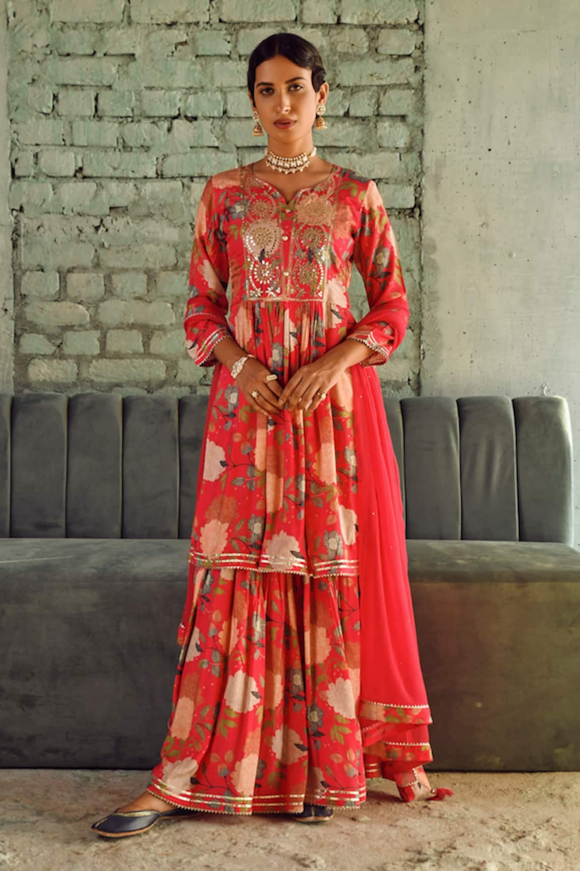 Karaj Jaipur Floral Print Anarkali Sharara Set