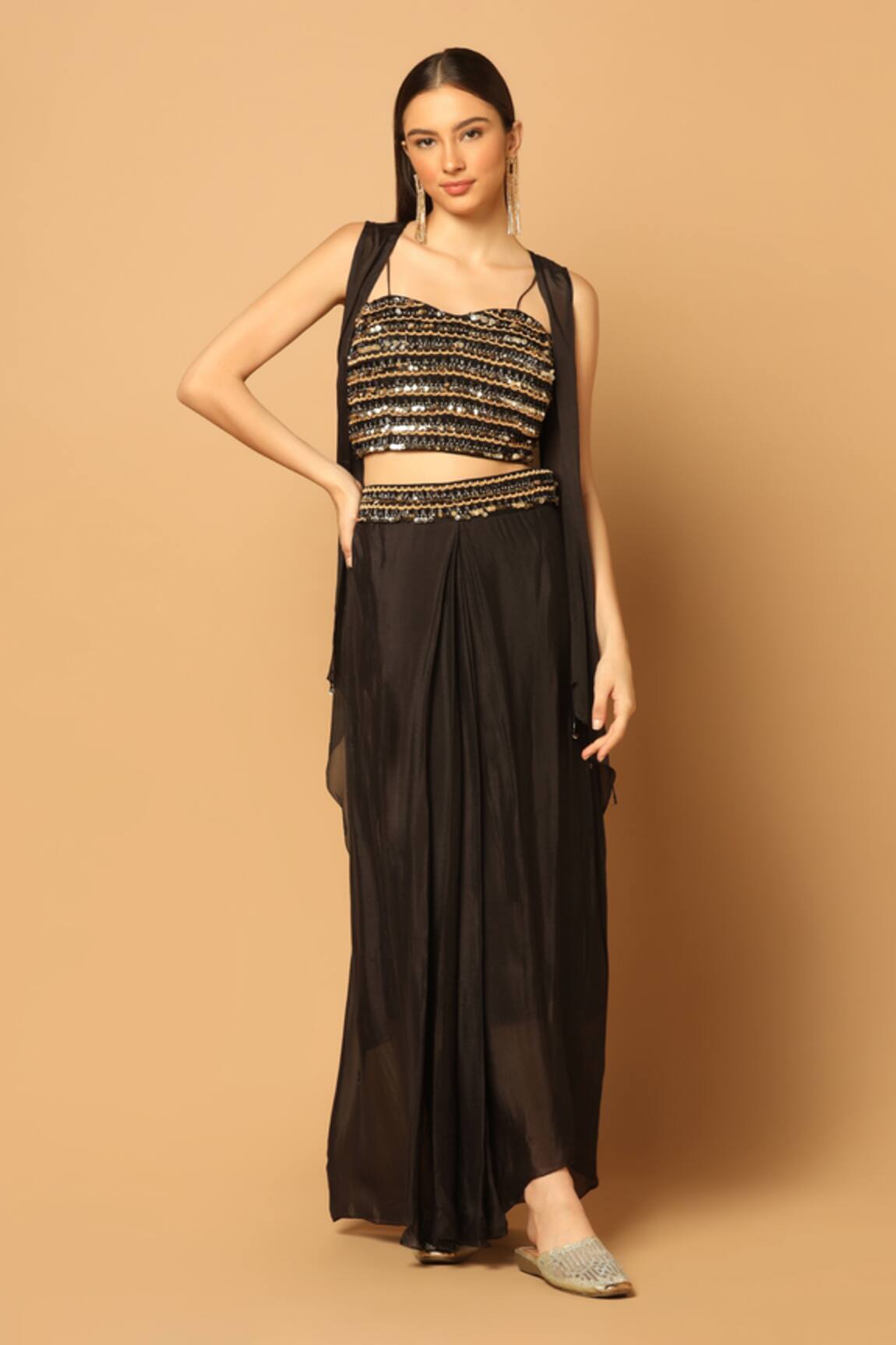 Two Sisters By Gyans Sleeveless Cape & Waistband Embroidered Draped Skirt Set 