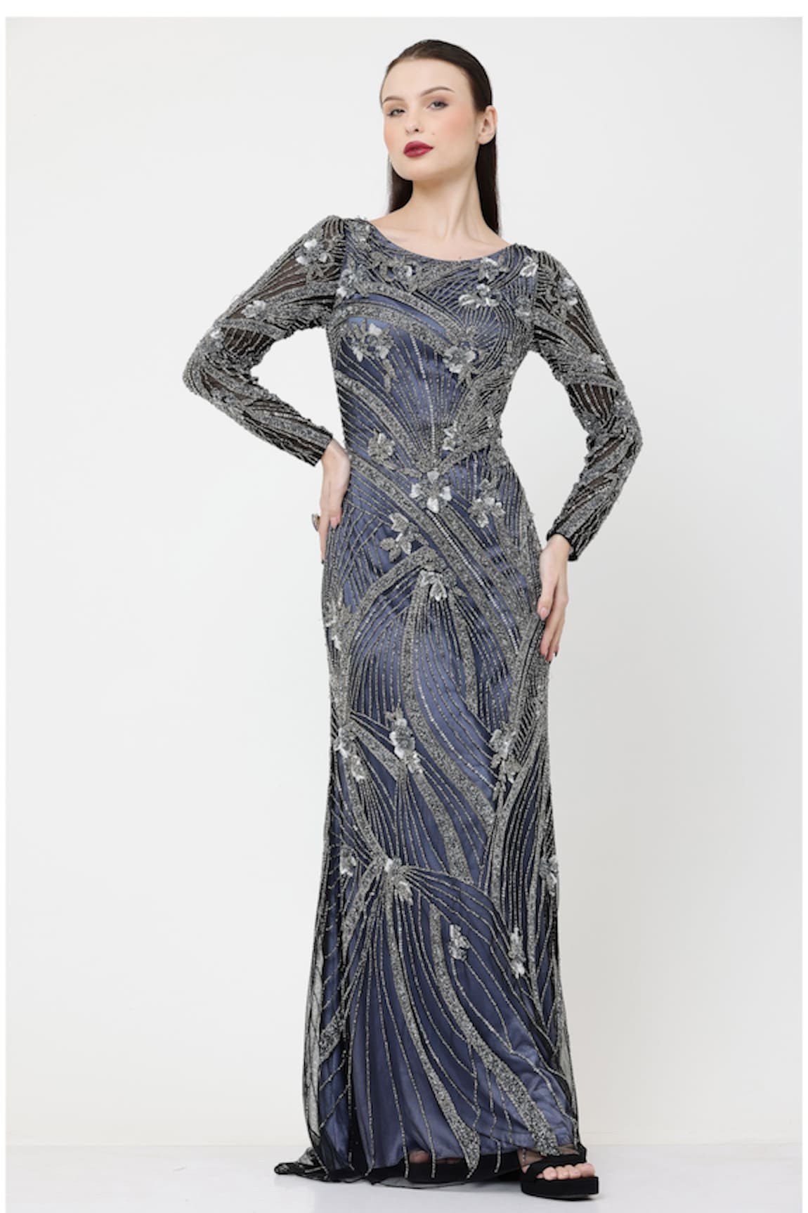 Ambrosia Floral & Linear Pattern Sequin Work Gown