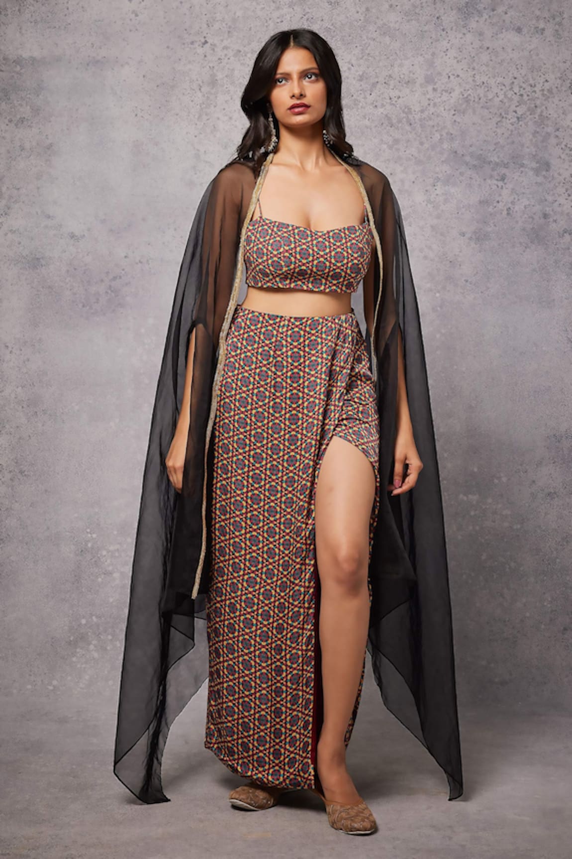 Senren by Eshana Raut Sheer Cape & Kaleidoscope Print Skirt Set