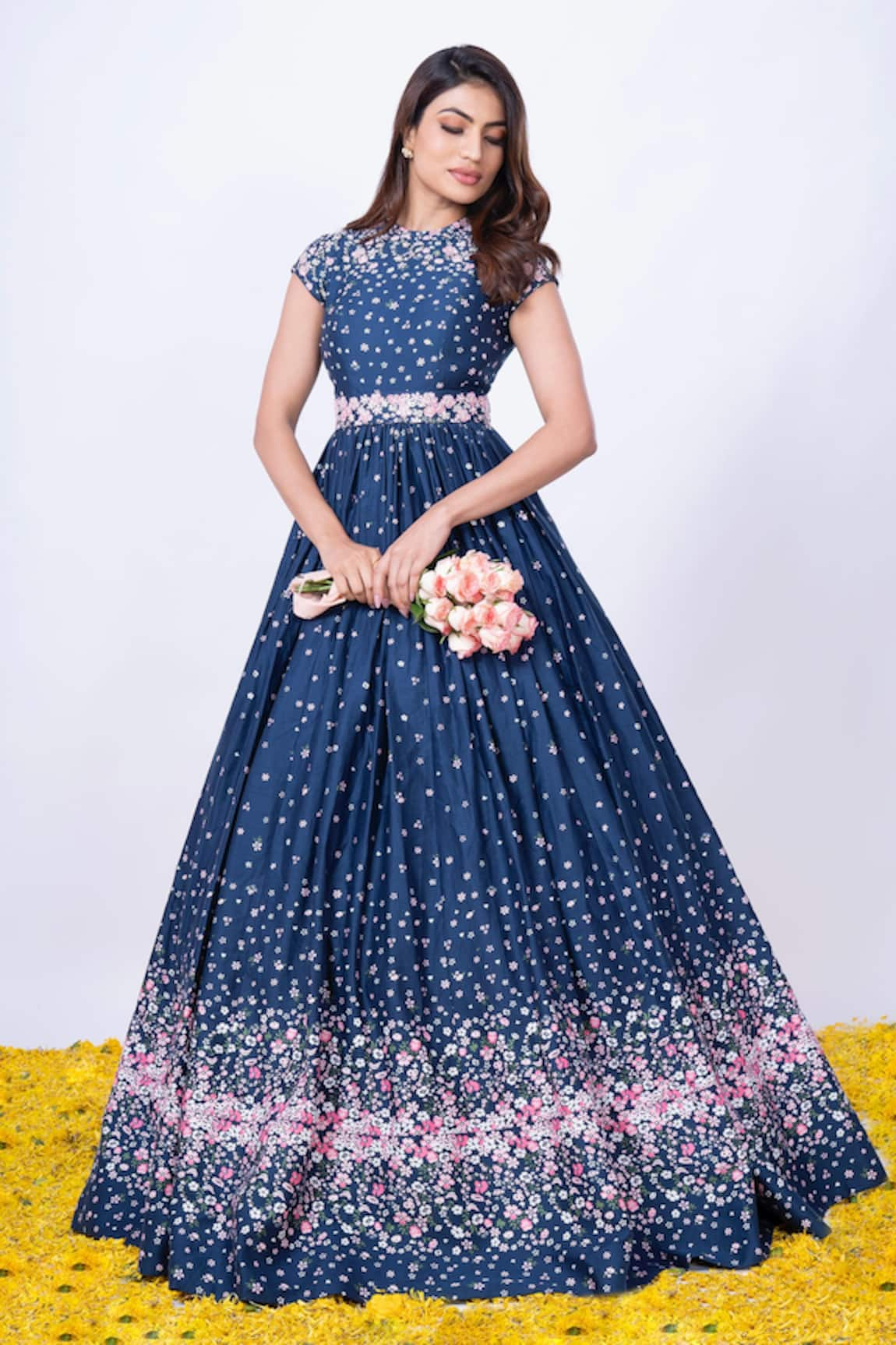 Label Priyanka Kar Cotton Satin Floral Print Gown