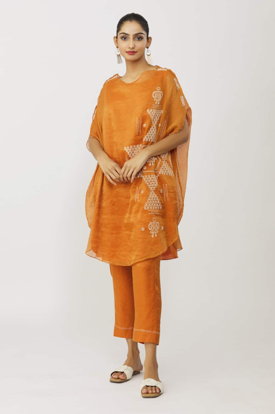 Neeta Bhargava Orange Tissue Embroidered Kaftan & Pant Set