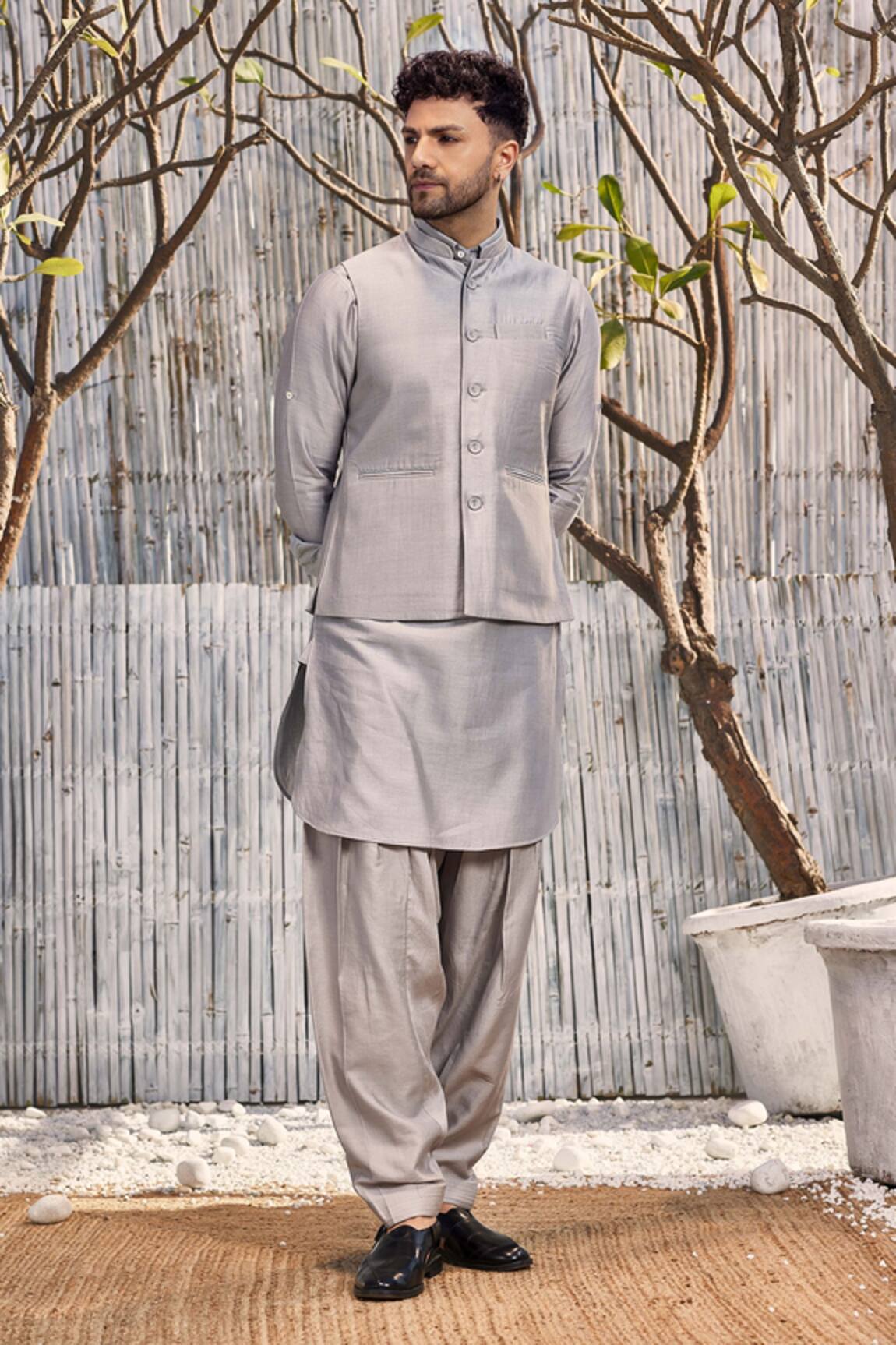 Charkhee Steel Grey Chanderi Bundi Jacket Set 