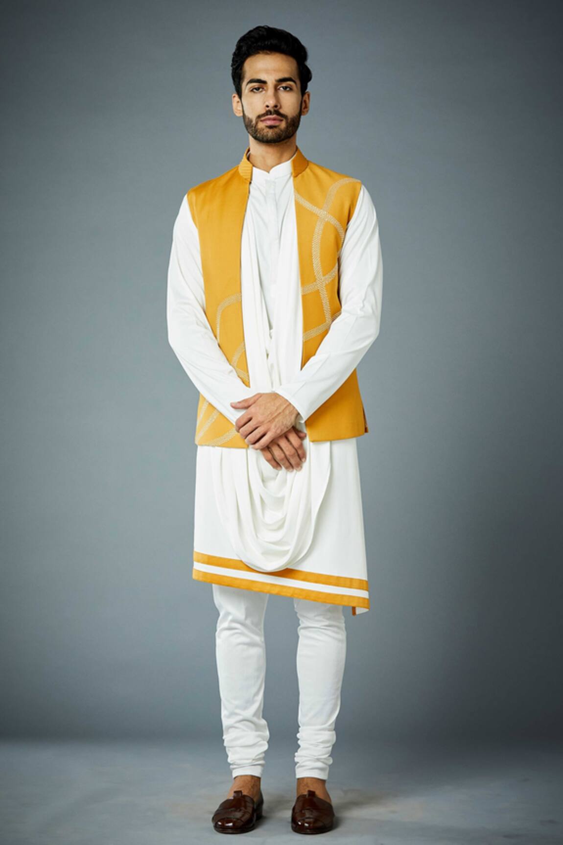 Gargee Designers Mustard Bundi & White Draped Kurta Set