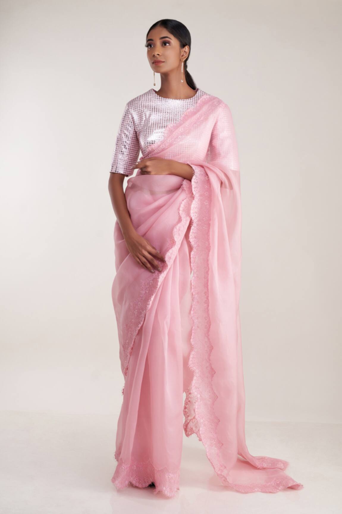 Pooja Bagaria Chantilly Lace Trim Pink Saree Set 