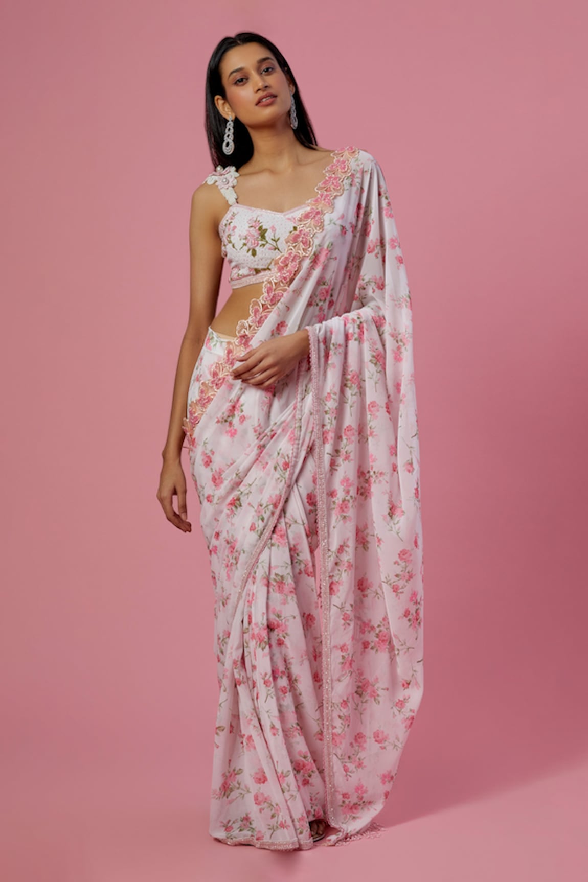 Label Priyanka Kar Floral Print Saree With Blouse