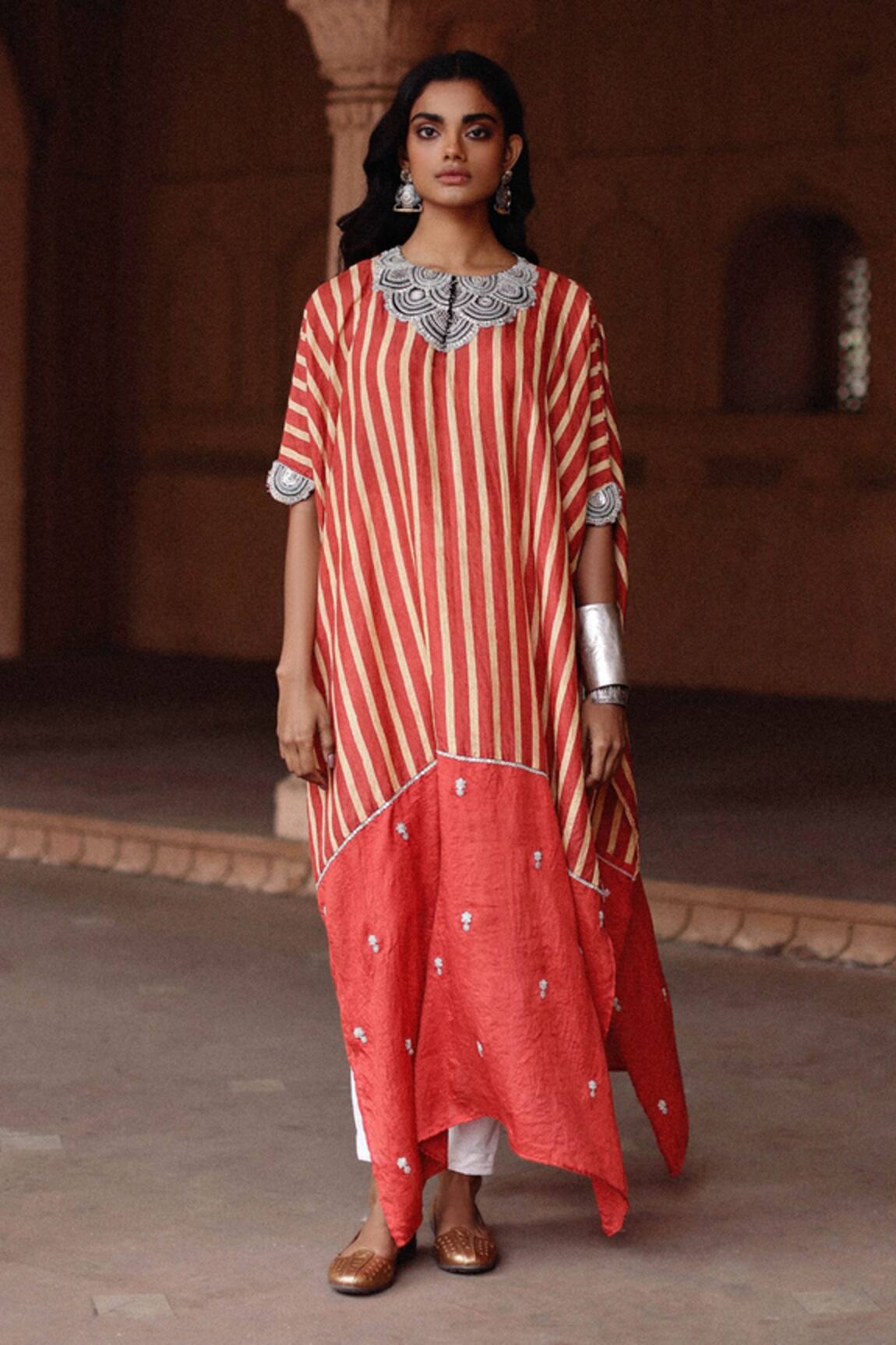 Avacara Silk Striped Flared Kaftan With Pant