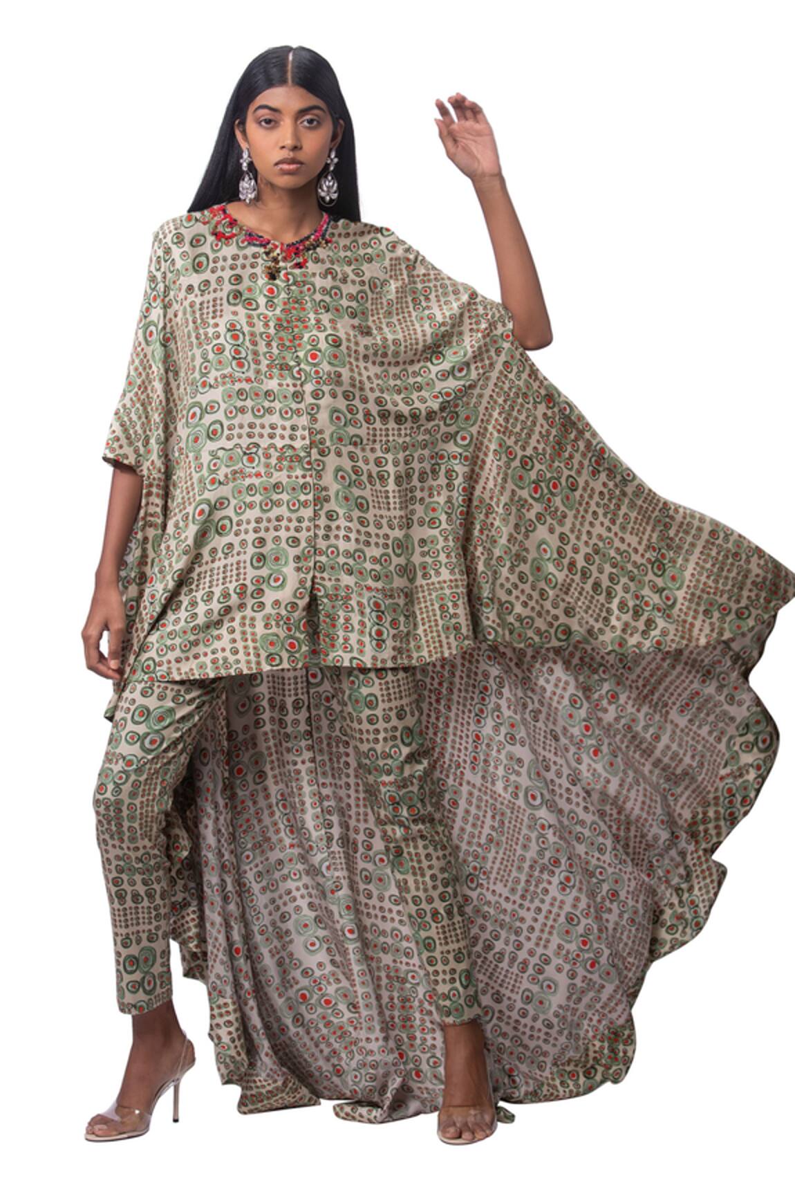 AK-OK Geometric Print Silk Cape & Pant Set