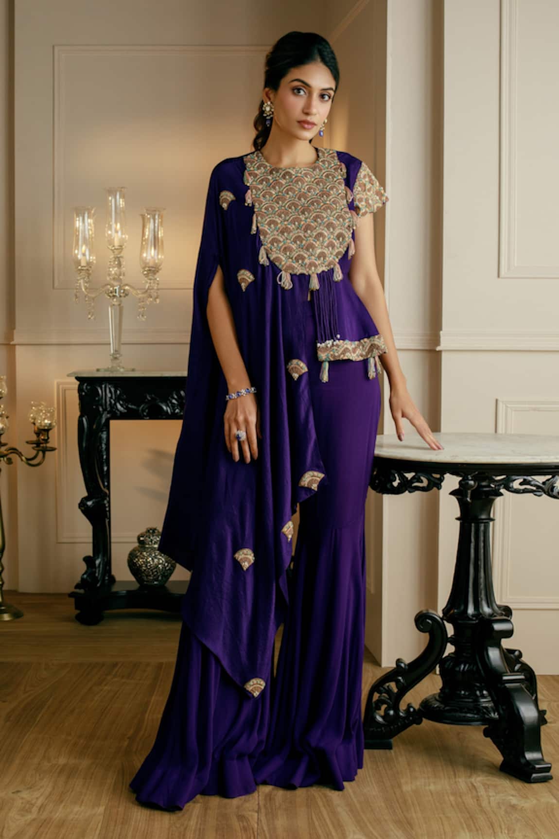 Nehha Nhata Asymmetric Embroidered Peplum Cape With Gharara