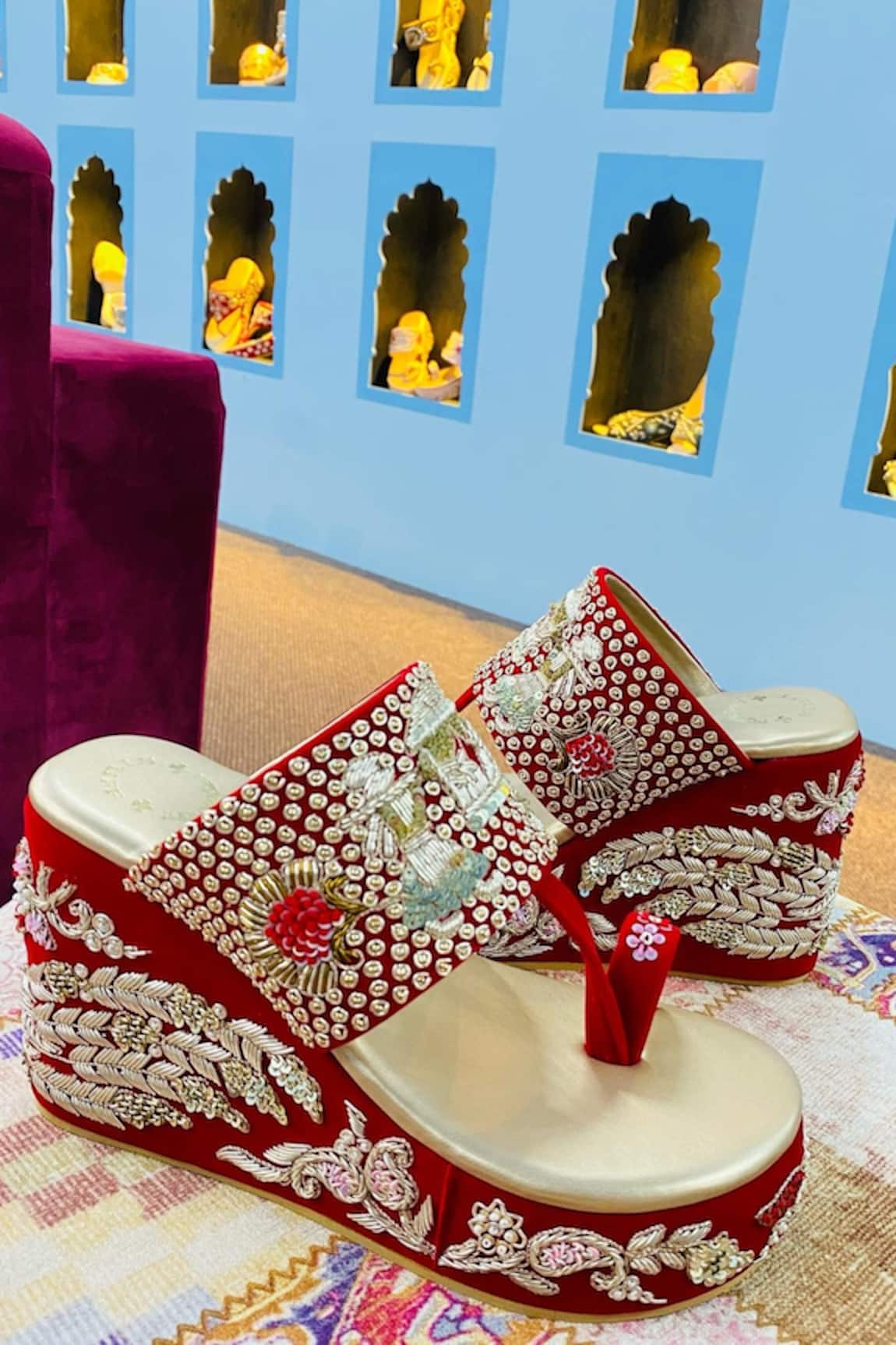 Rajasthani Stuff Doli Embroidered Velvet Kolhapuri Wedges