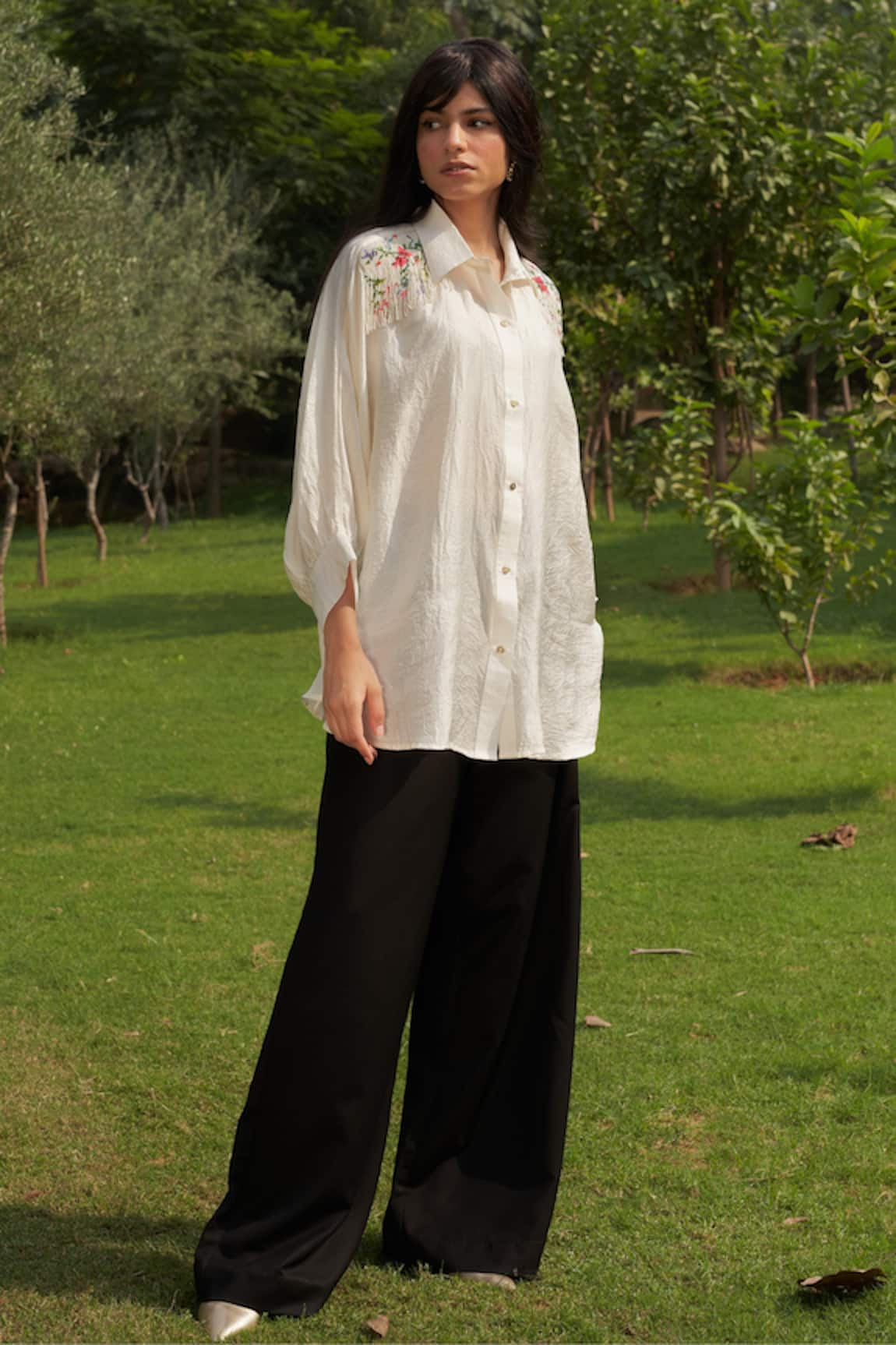 Ode To Odd Mulberry Silk Bead Work Oversize Shirt