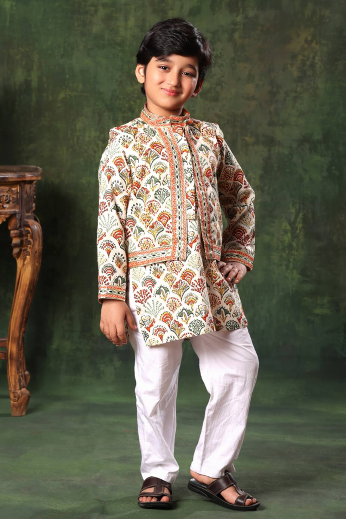 Littlecheer Geometric Print Nehru Jacket & Kurta Set
