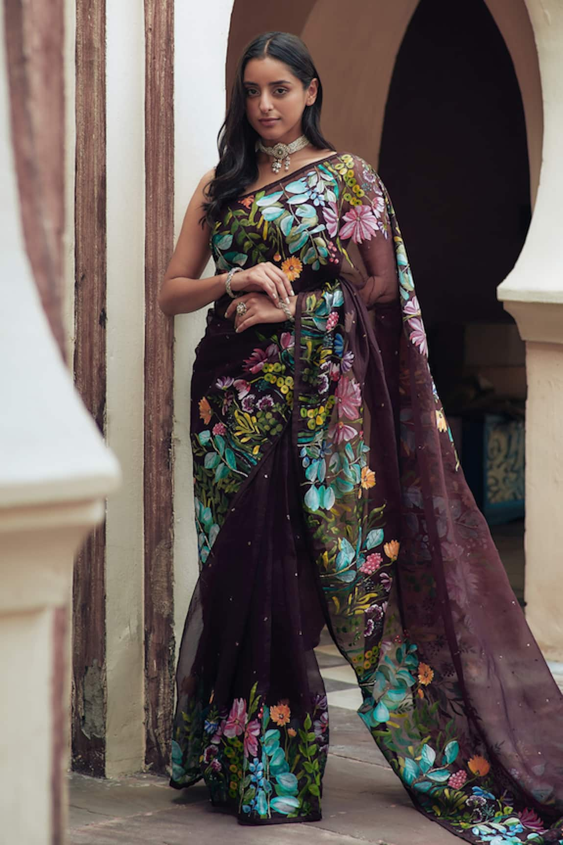 NEHA SAXENA Hand Painted Silk Organza Saree