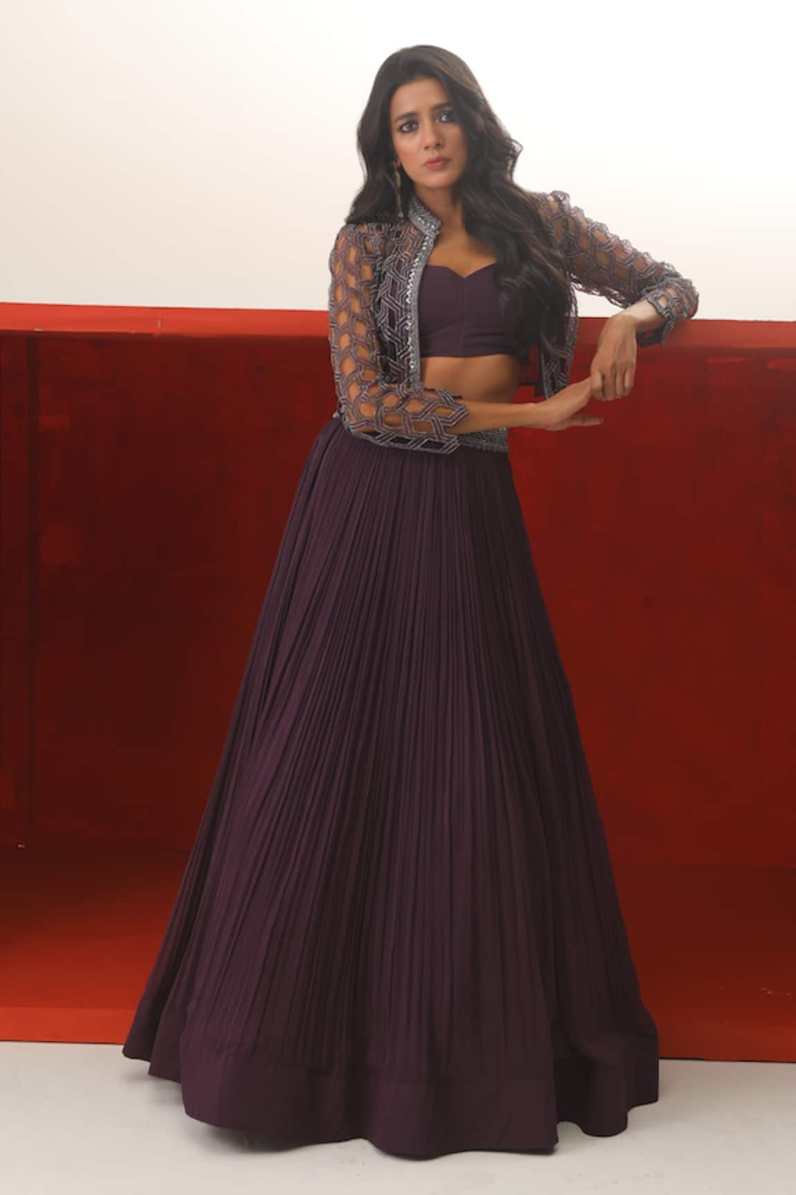 Rishi And Soujit Embroidered Cutwork Jacket & Skirt Set 