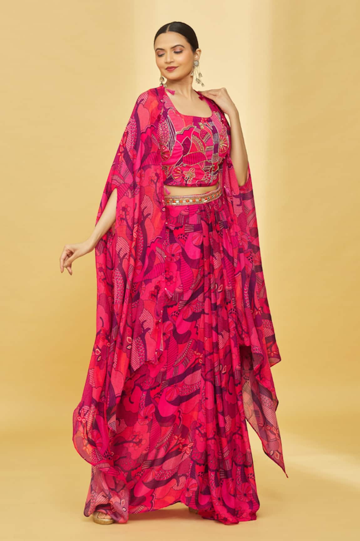 Samyukta Singhania Floral Print Cape & Draped Skirt Set