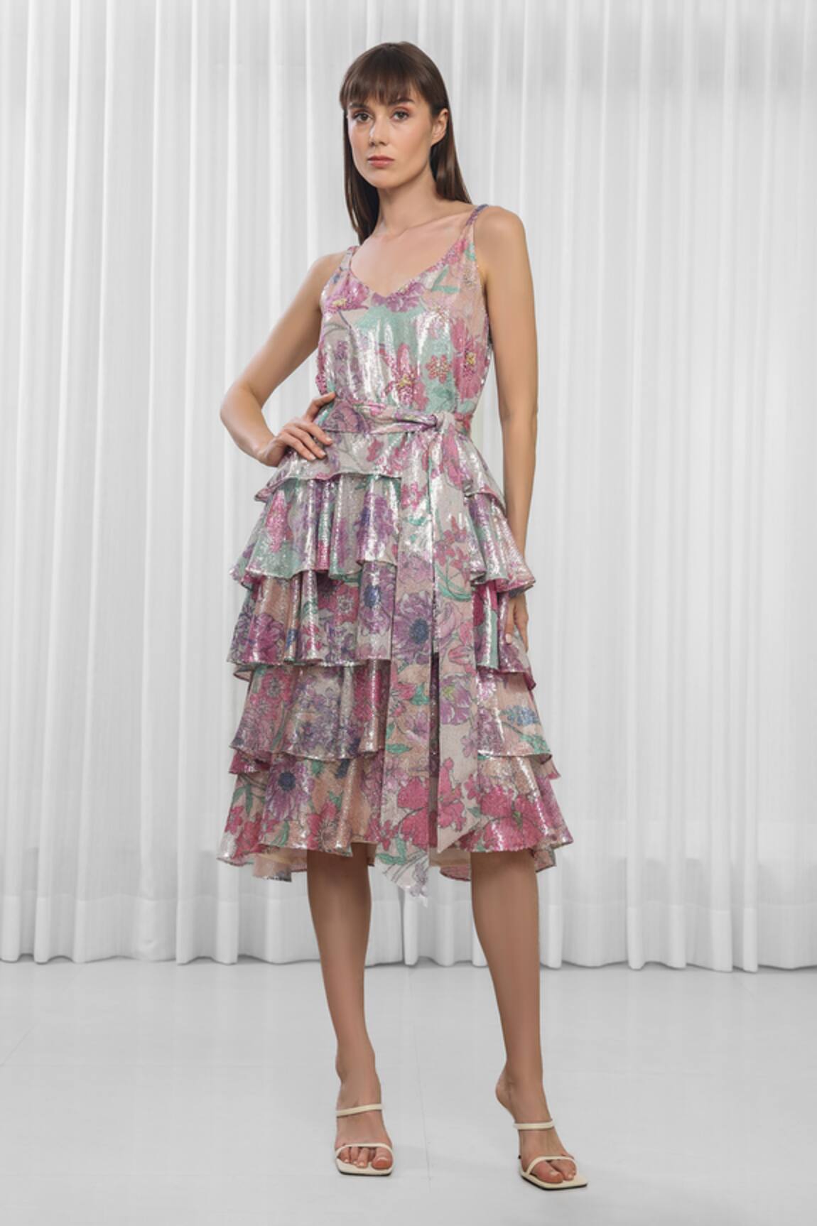 Mandira Wirk Resort Hibiscus Printed Sequins Layer Dress