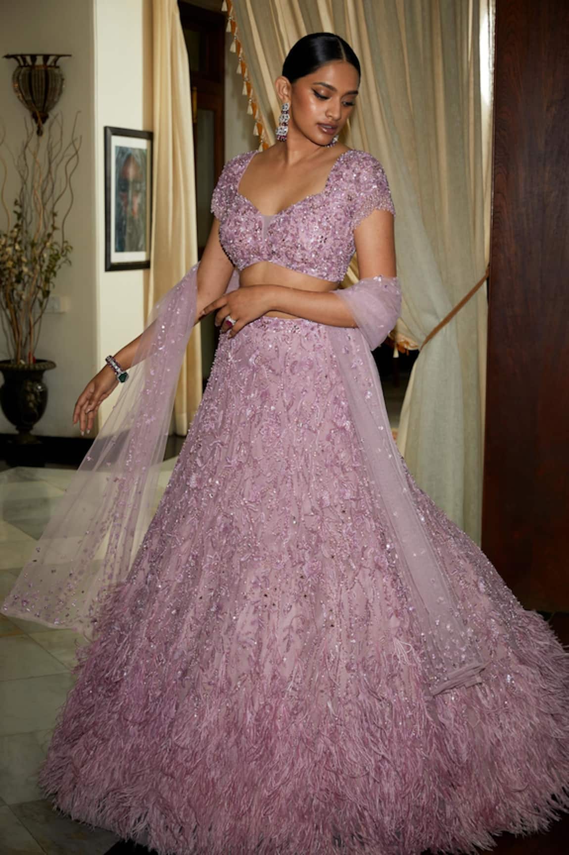 Nadine Dhody Helene Crystal & Feather Embroidered Lehenga Set