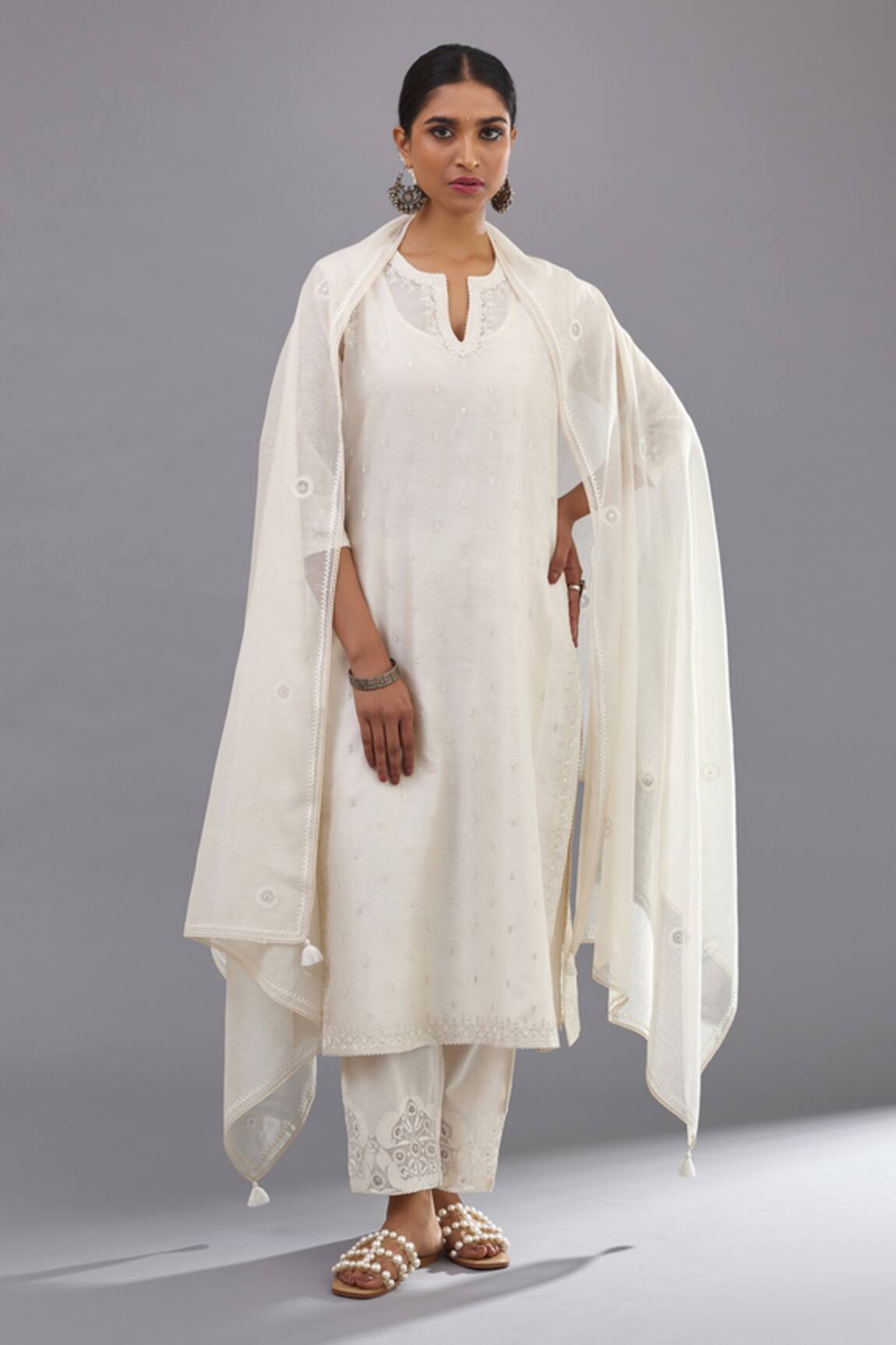 Kora Neck Embroidered Straight Kurta Pant Set 