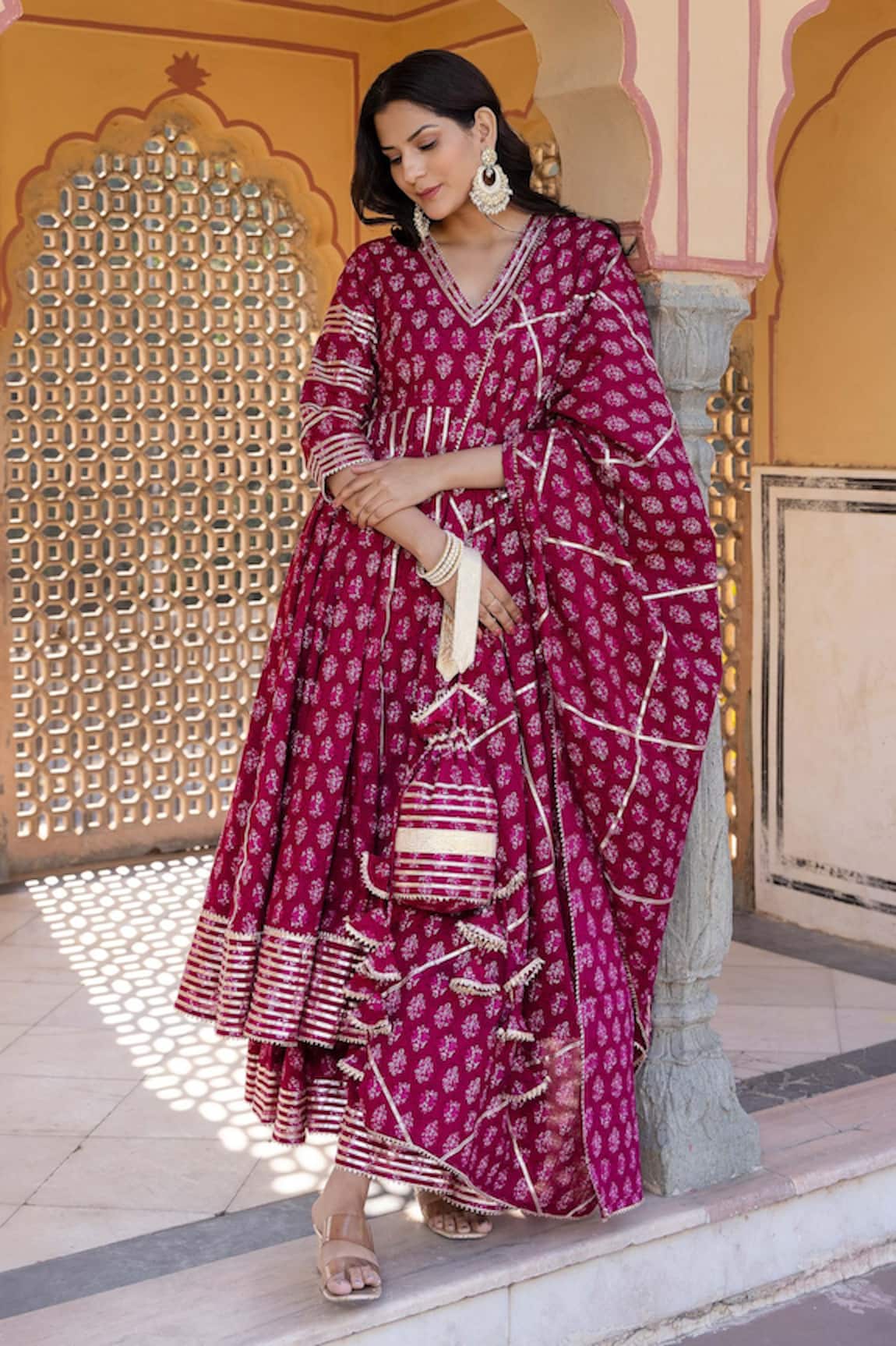 Pomcha Jaipur Jumari Floral Print Anarkali Pant Set