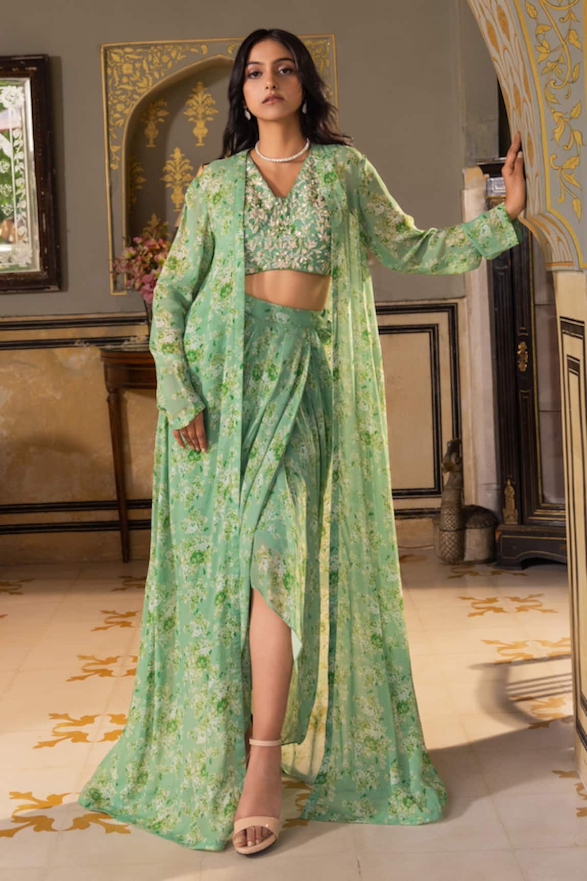 Suruchi Parakh Floral Print Jacket Draped Skirt Set