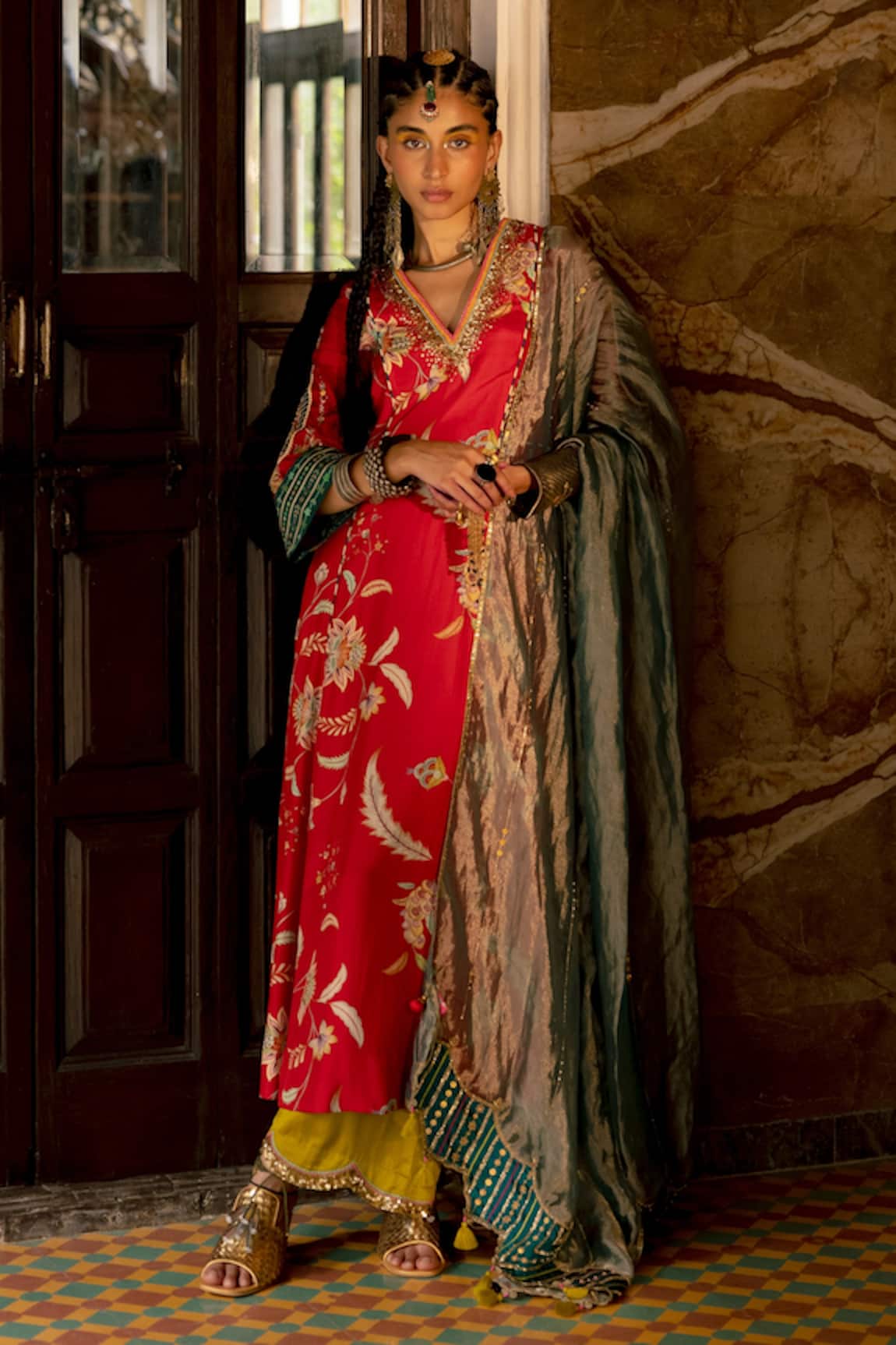 Rajiramniq Silk Printed Panelled Kurta Set