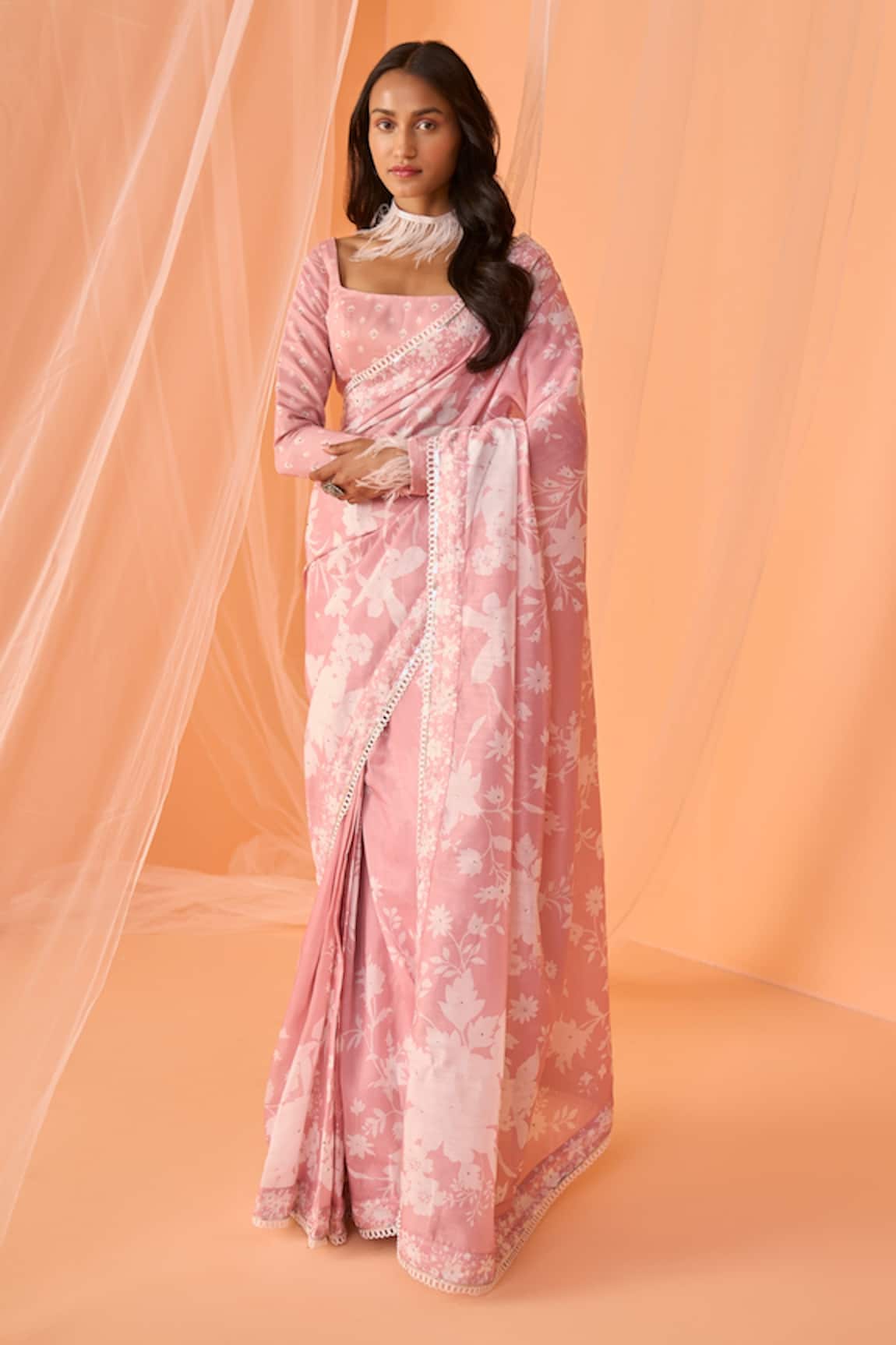 LASHKARAA Floral Print Pre-Draped Saree With Blouse
