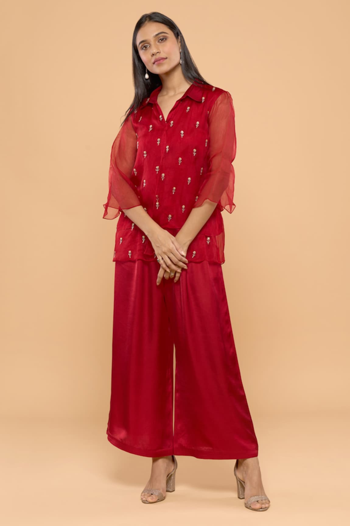 MAYU KOTHARI Rose Hand Embroidered Shirt & Palazzo Set