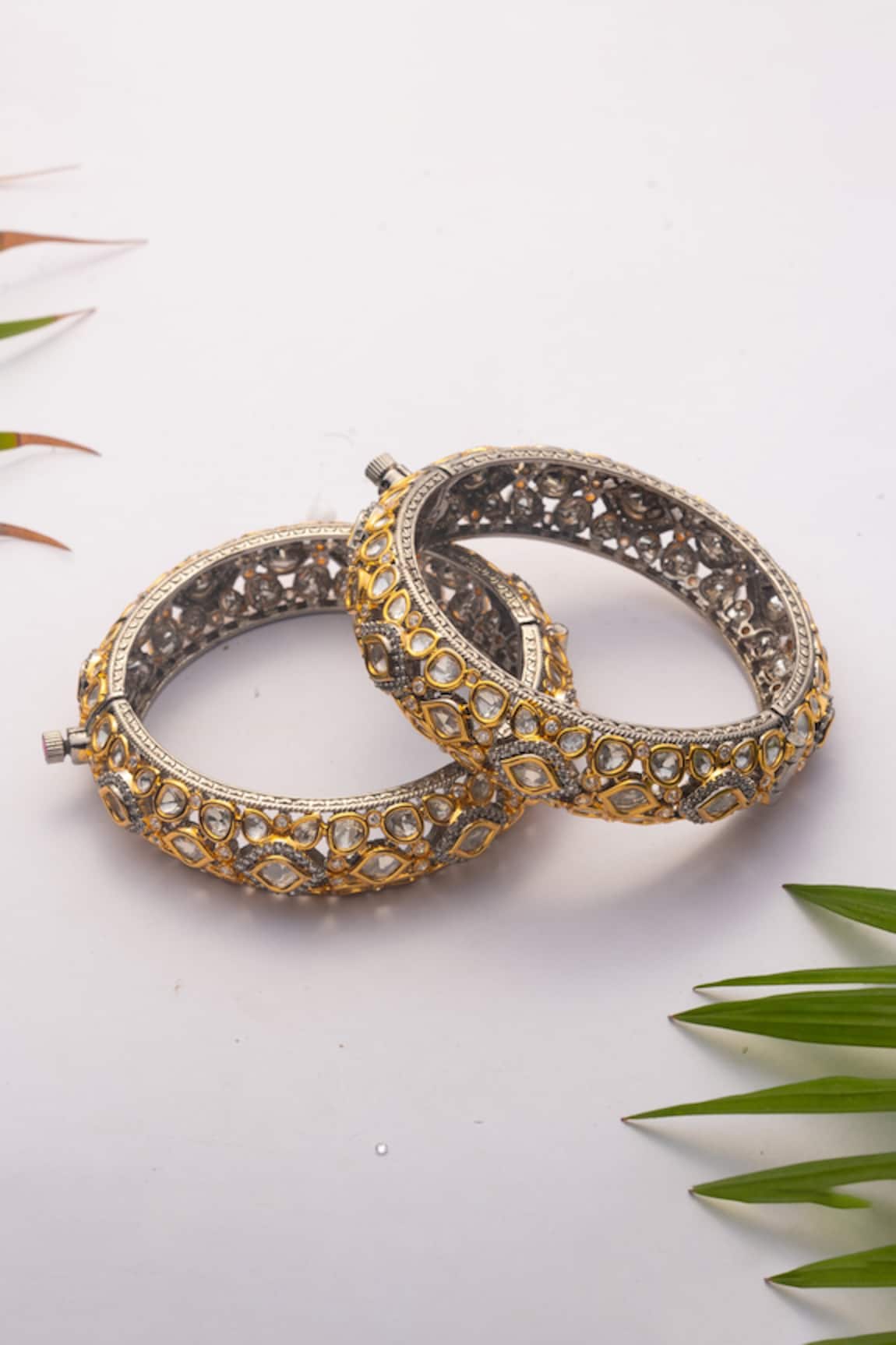 Zevar By Geeta Kundan Polki Geometric Studded Bangle - Set Of 2 