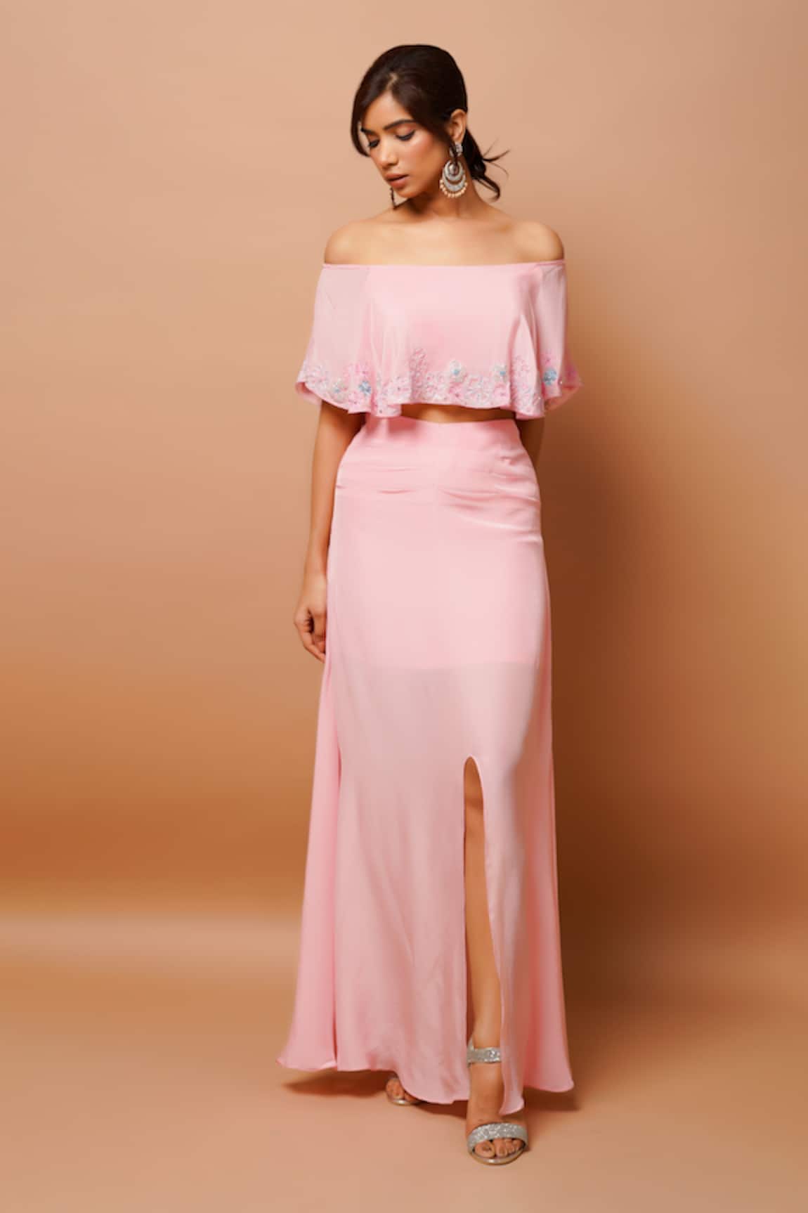 Ahi Clothing Off Shoulder Embroidered Top & Draped Skirt Set 