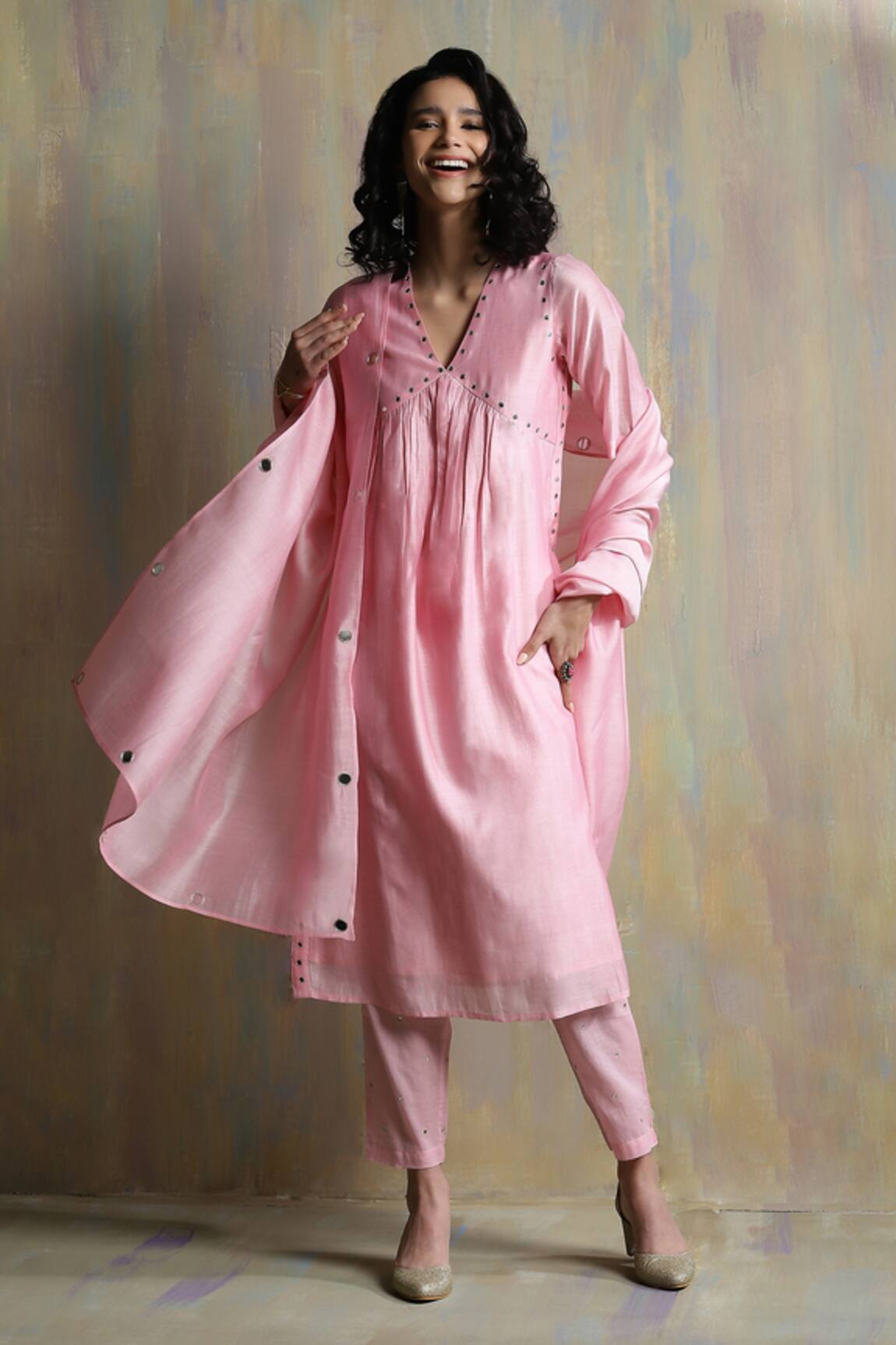 Charkhee Chanderi Pastel Mirror Work Kurta Pant Set 