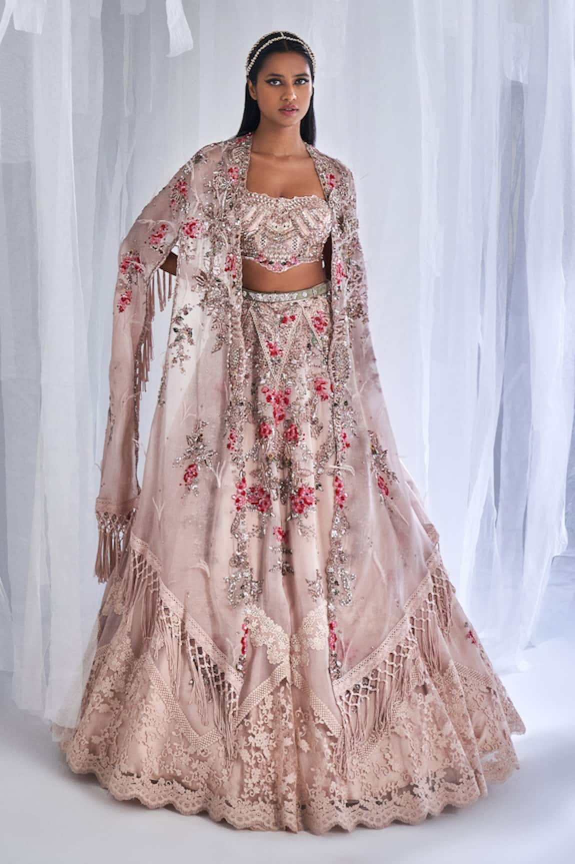 Dolly J Cedar Wood Sequin Embellished Lehenga & Cape Set