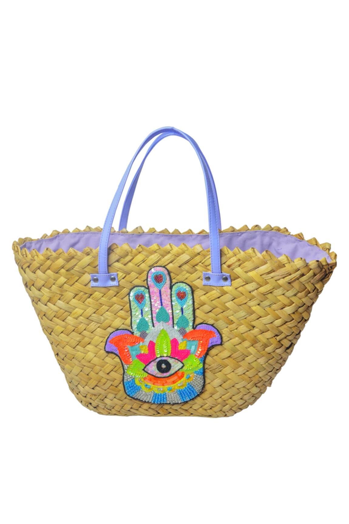 Ginn And Tonik Hamsa Hand Embellished Woven Beach Bag 