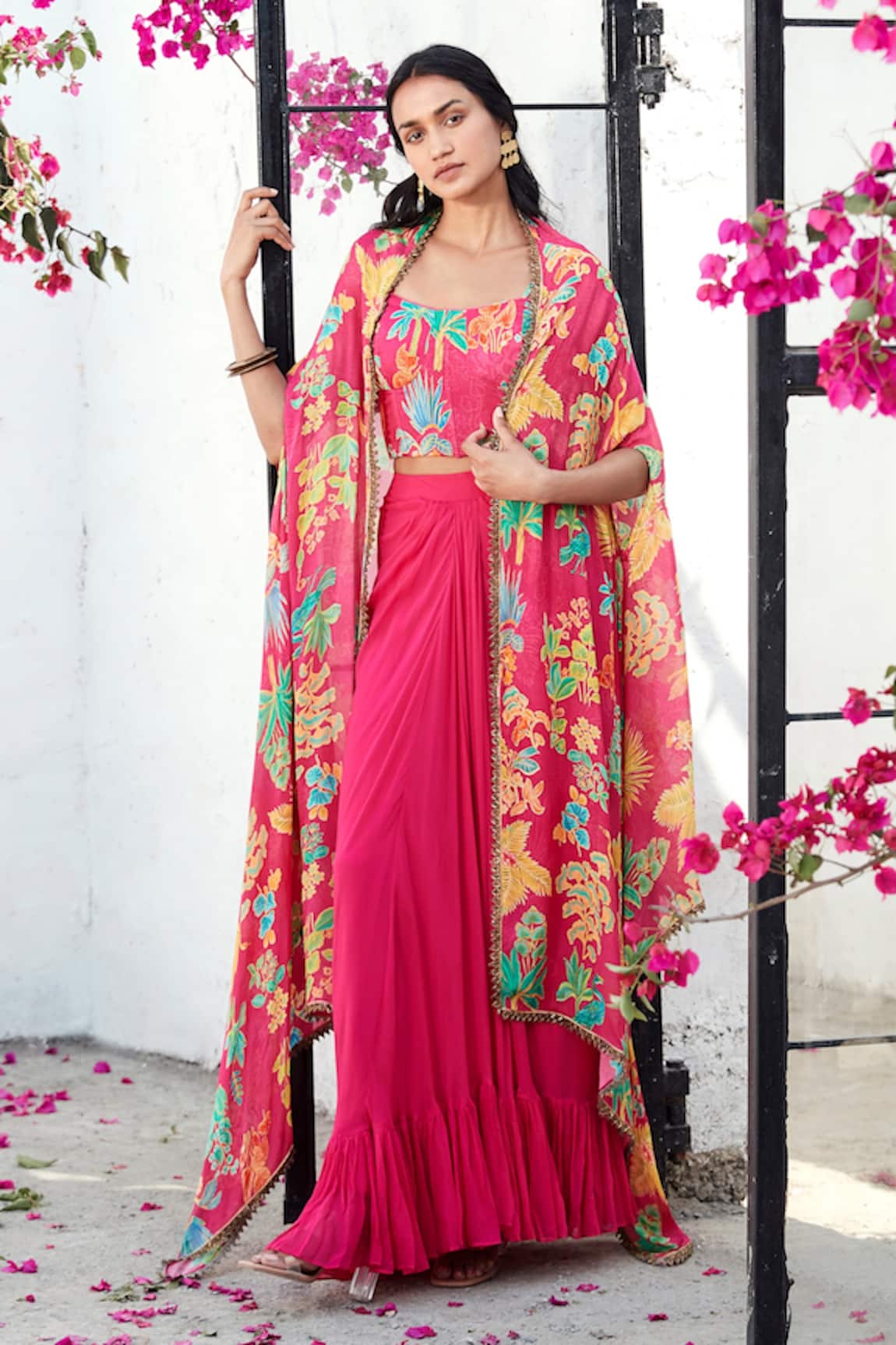 Basanti - Kapde Aur Koffee Tropical Floral Print Cape & Skirt Set