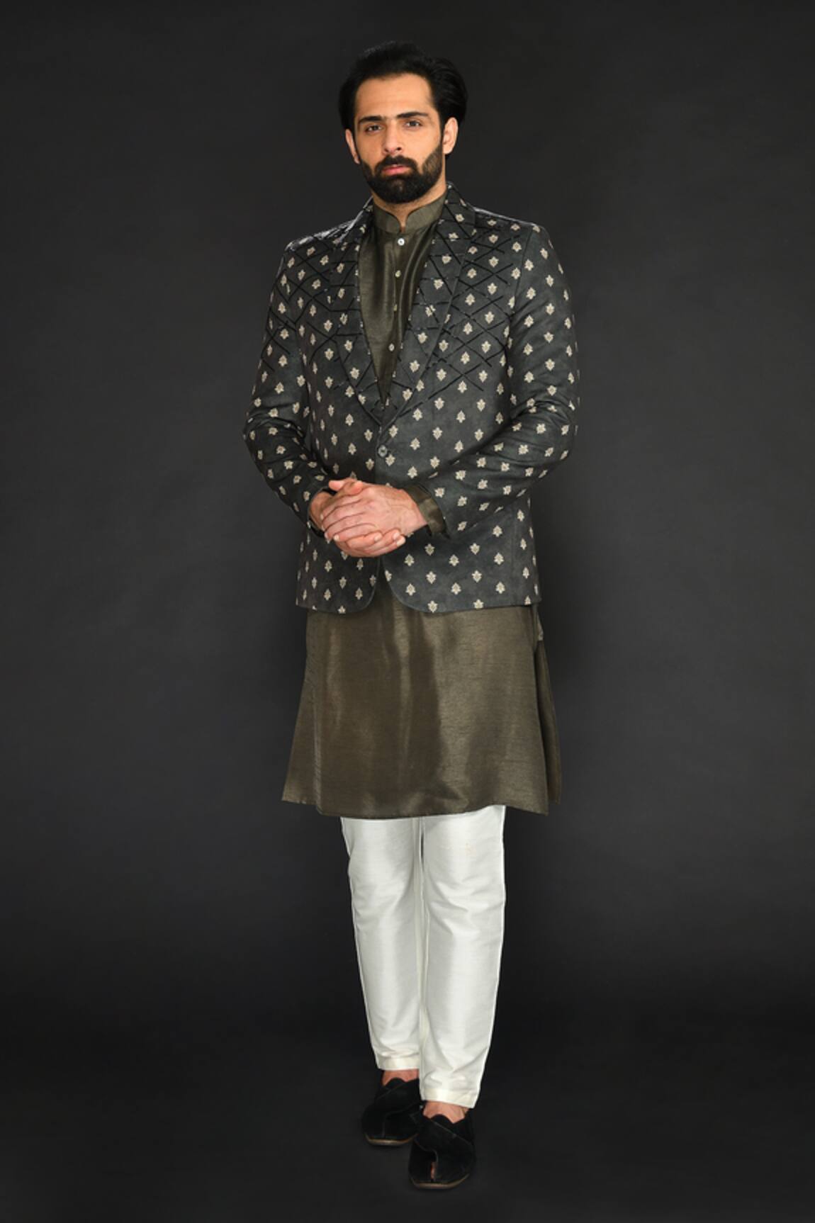 SAMMOHAN CEREMONIAL Woven Leaf Motif Blazer & Kurta Set
