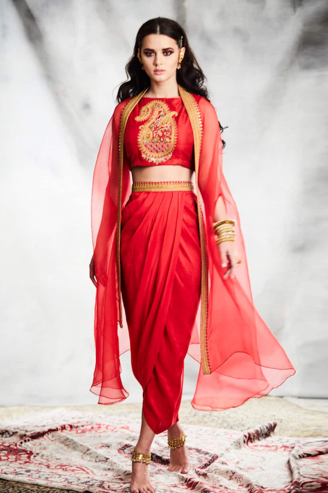 Tisha Saksena Saro Embroidered Crop Top Draped Skirt Set