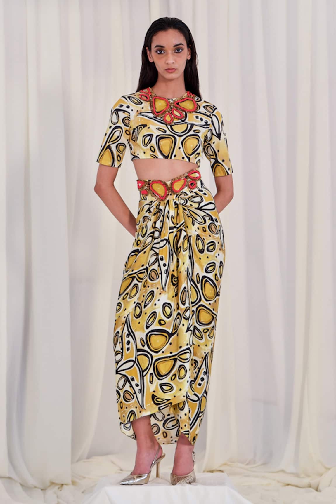 AK-OK Silk Abstract Print Crop Top & Skirt Set