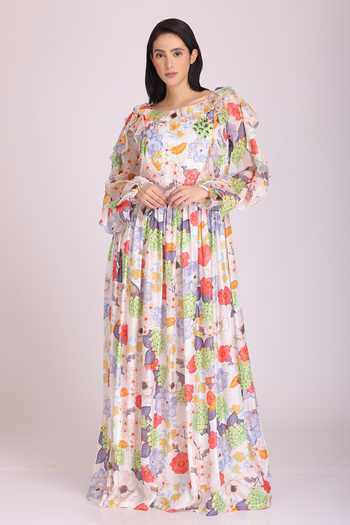 Alpona Designs By Soham Acharya Printed Boat Neck Gown 