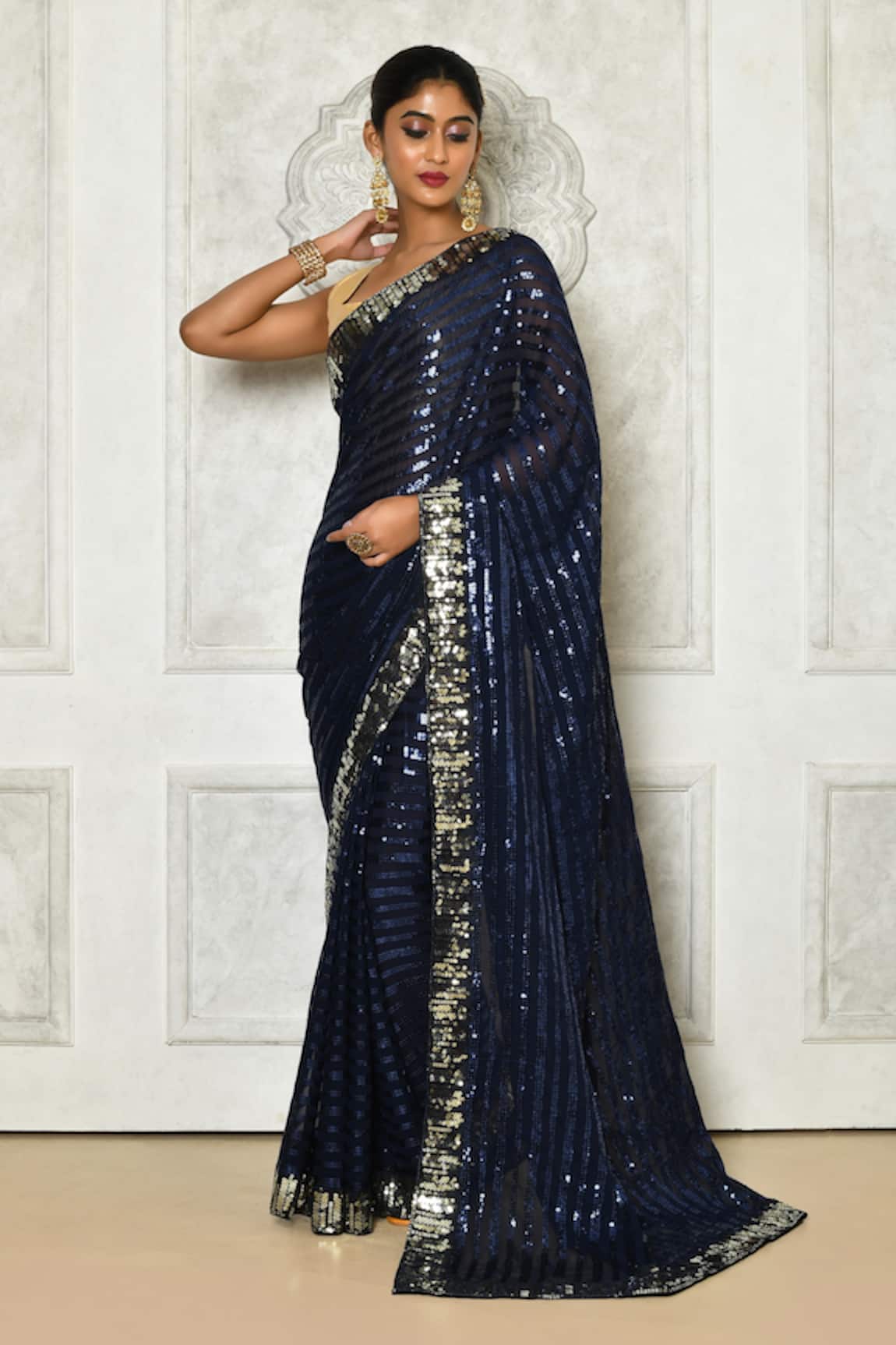 Samyukta Singhania Blue Striped Embroidered Saree With Blouse 