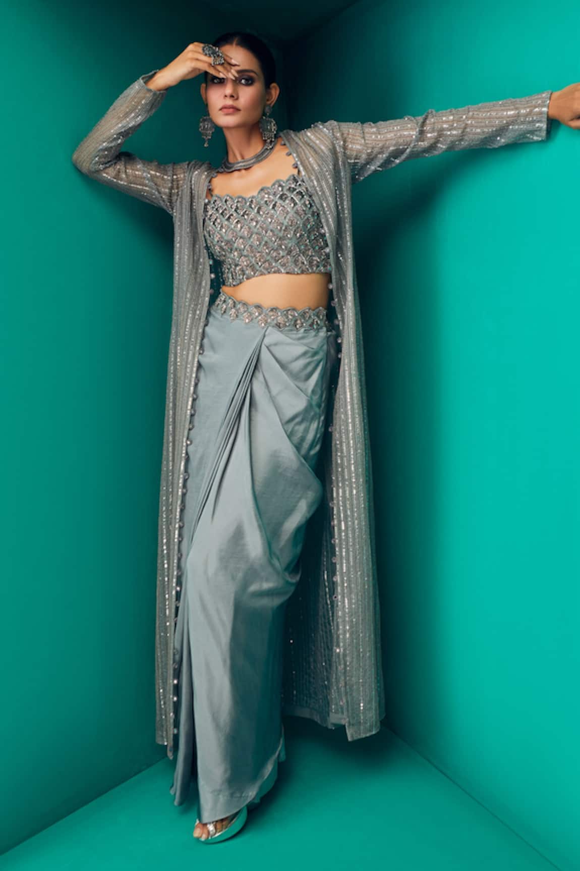 Rishi And Soujit Sequin Embroidered Jacket & Draped Skirt Set